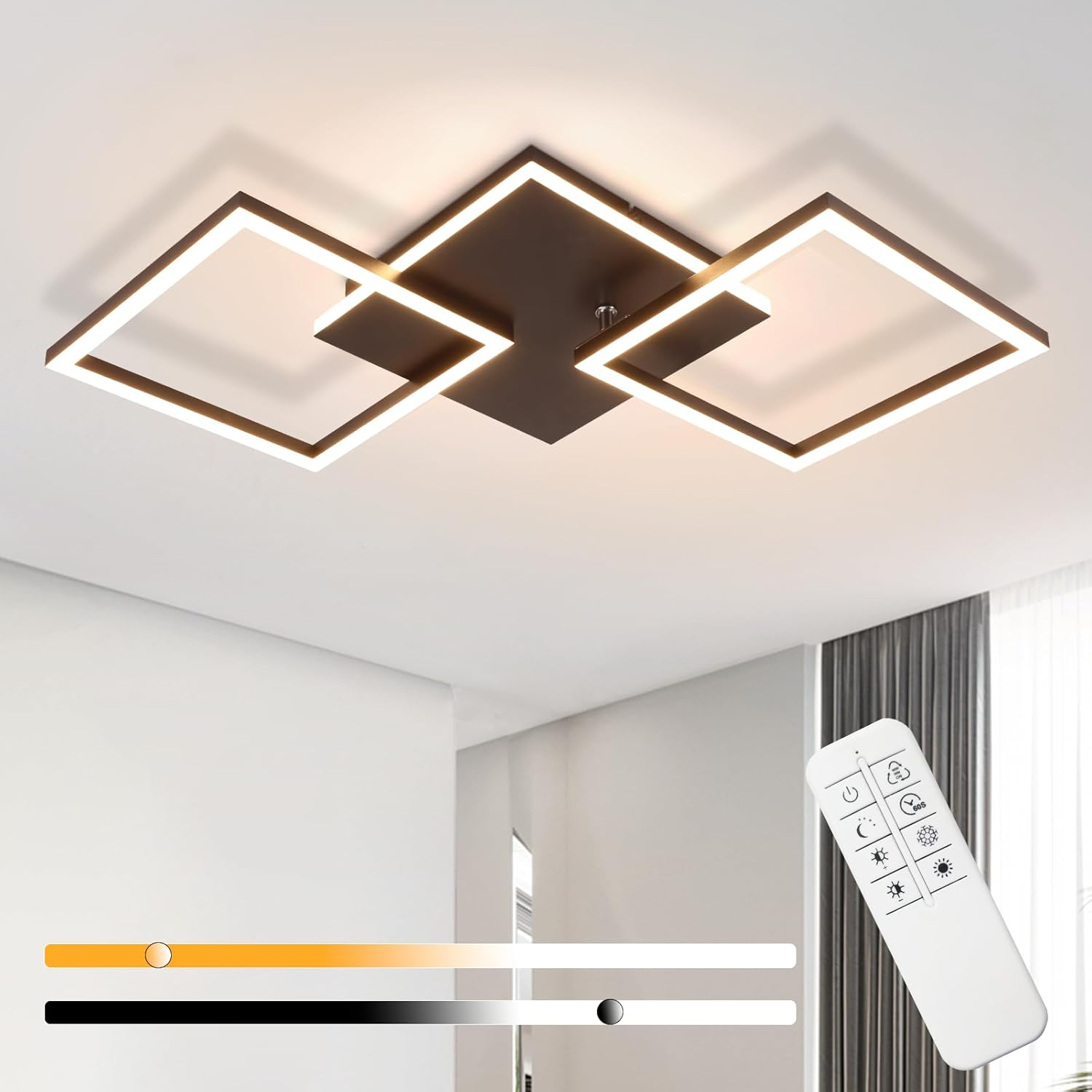 Una lámpara de techo moderna con mando a distancia, con elementos de luz cuadrados y un marco oscuro.