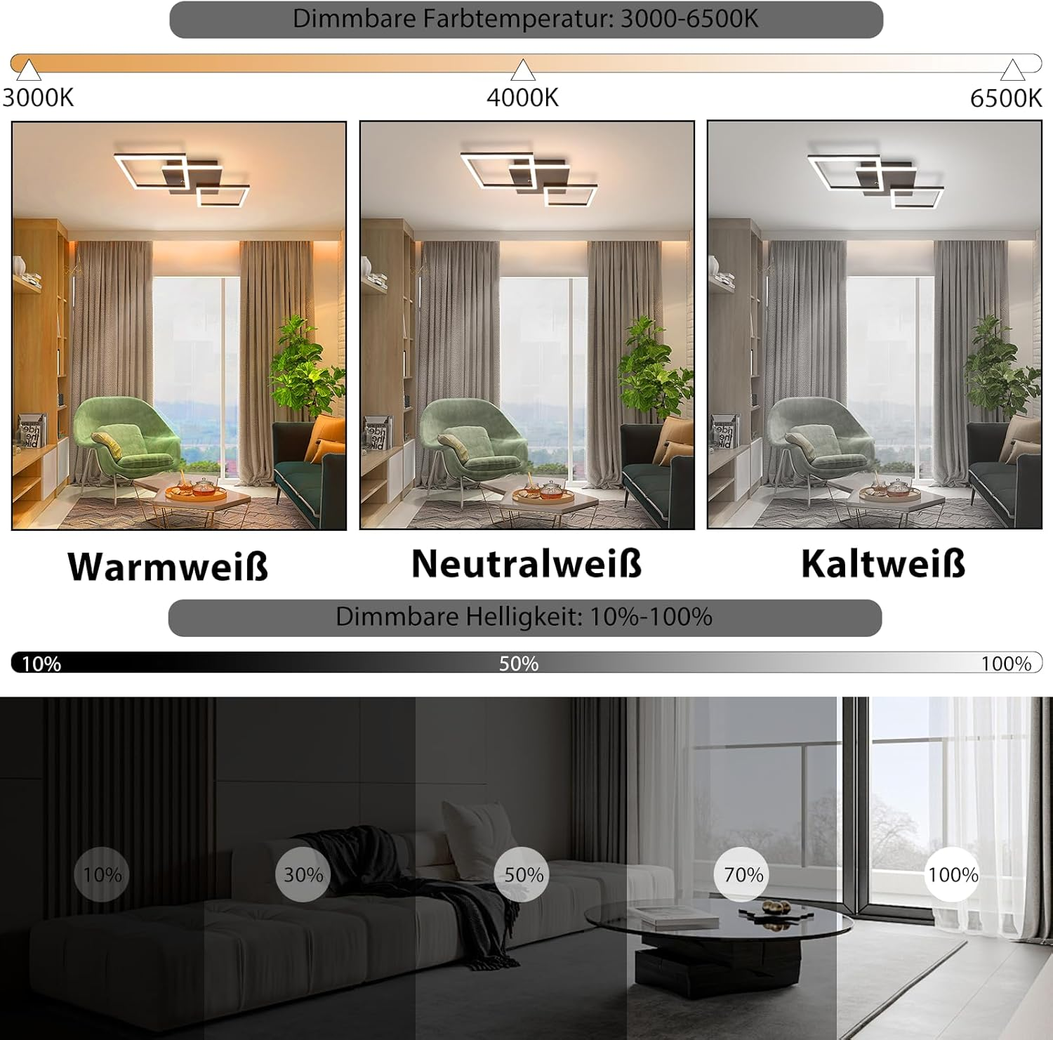 Tres imágenes que muestran configuraciones de luz de techo ajustables. Luz blanca cálida, neutra y fría.