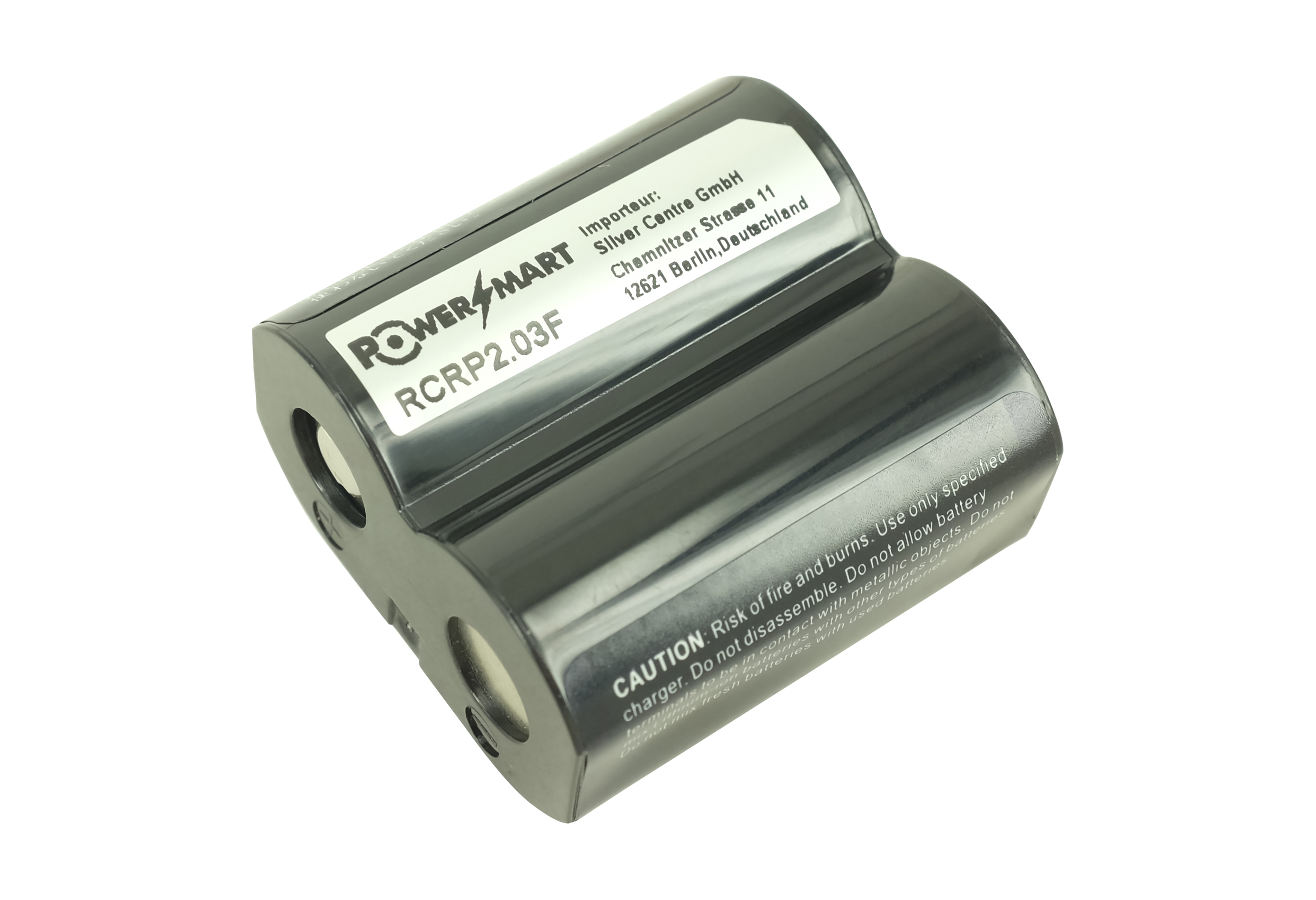 Eine schwarze Batterie mit weißen Etiketten, die die Marke und Spezifikationen zeigen.