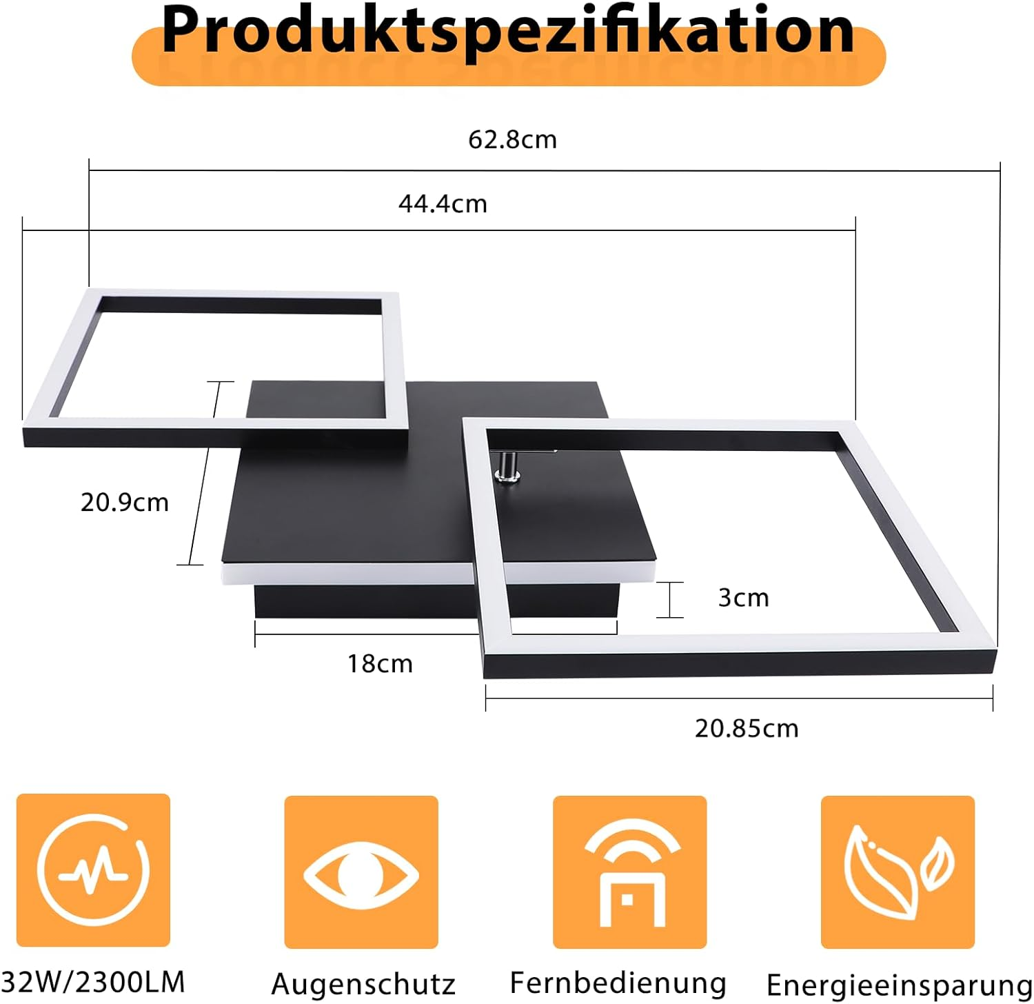 Diagrama de una luz de techo con dimensiones e iconos de funciones como protección ocular y mando a distancia.