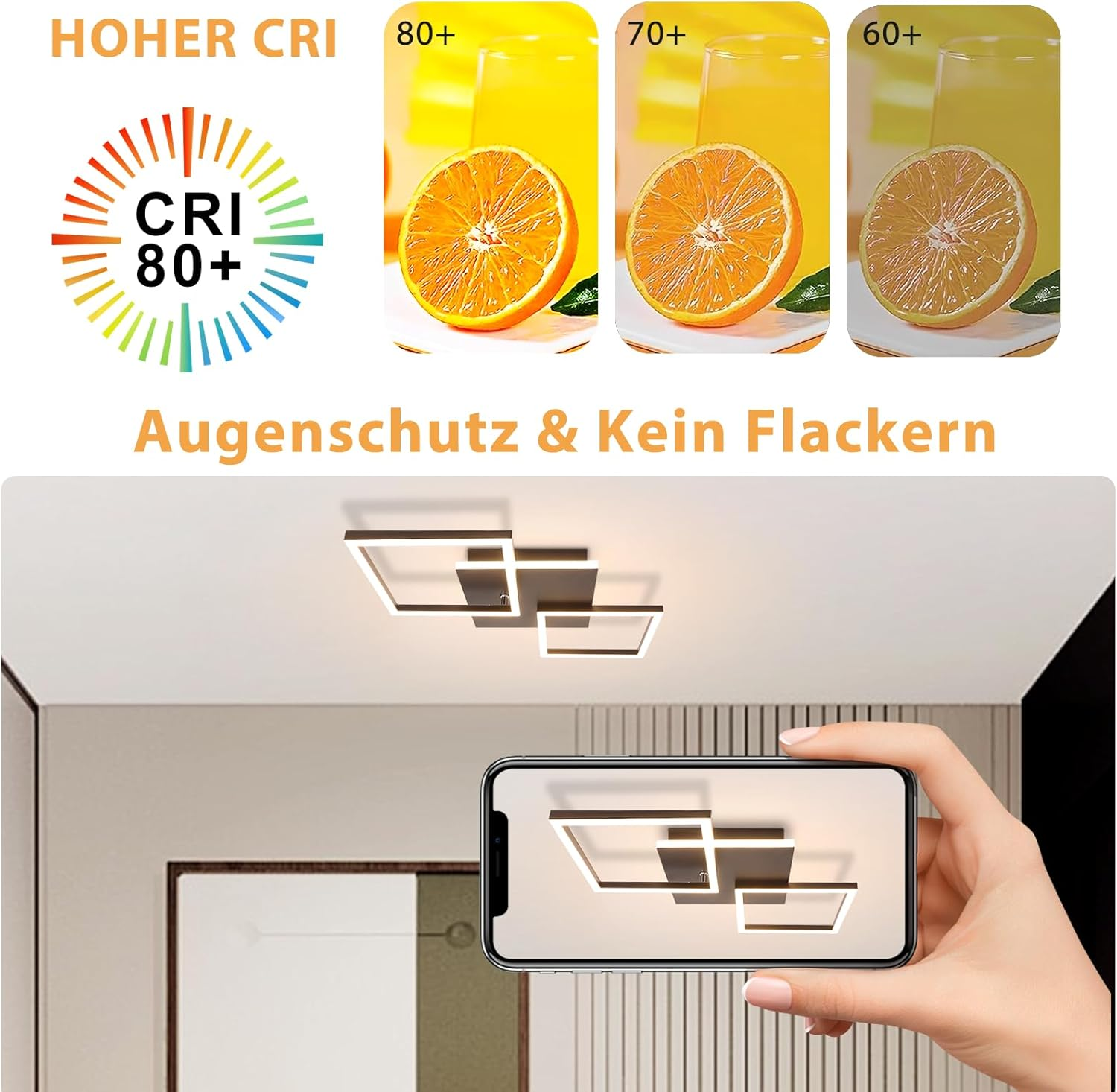 Luz de techo moderna con índice de reproducción cromática y naranjas.