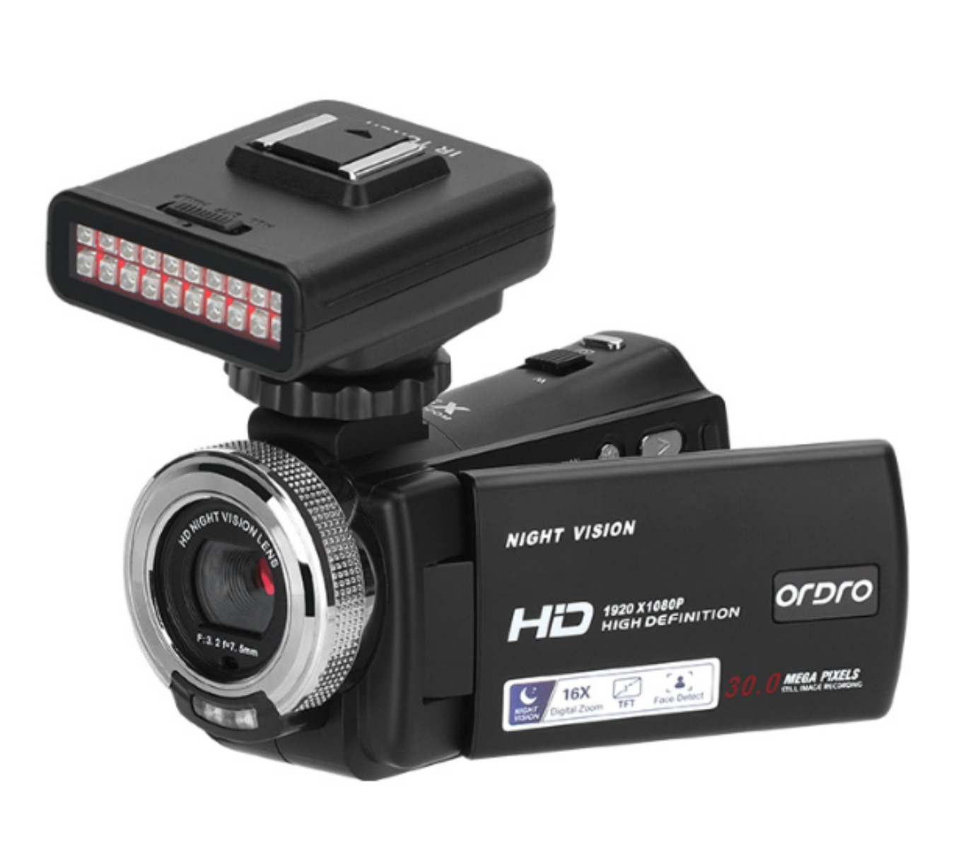 Ein schwarzer Camcorder mit rotem Licht oben und den Worten "Night Vision" auf dem Objektiv.