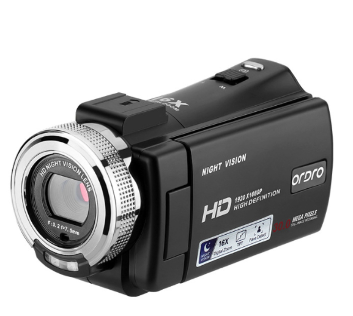 Eine schwarze Videokamera mit 'Nachtsicht' und 'HD'-Einstellungen, mit Objektiv und verschiedenen Tasten.