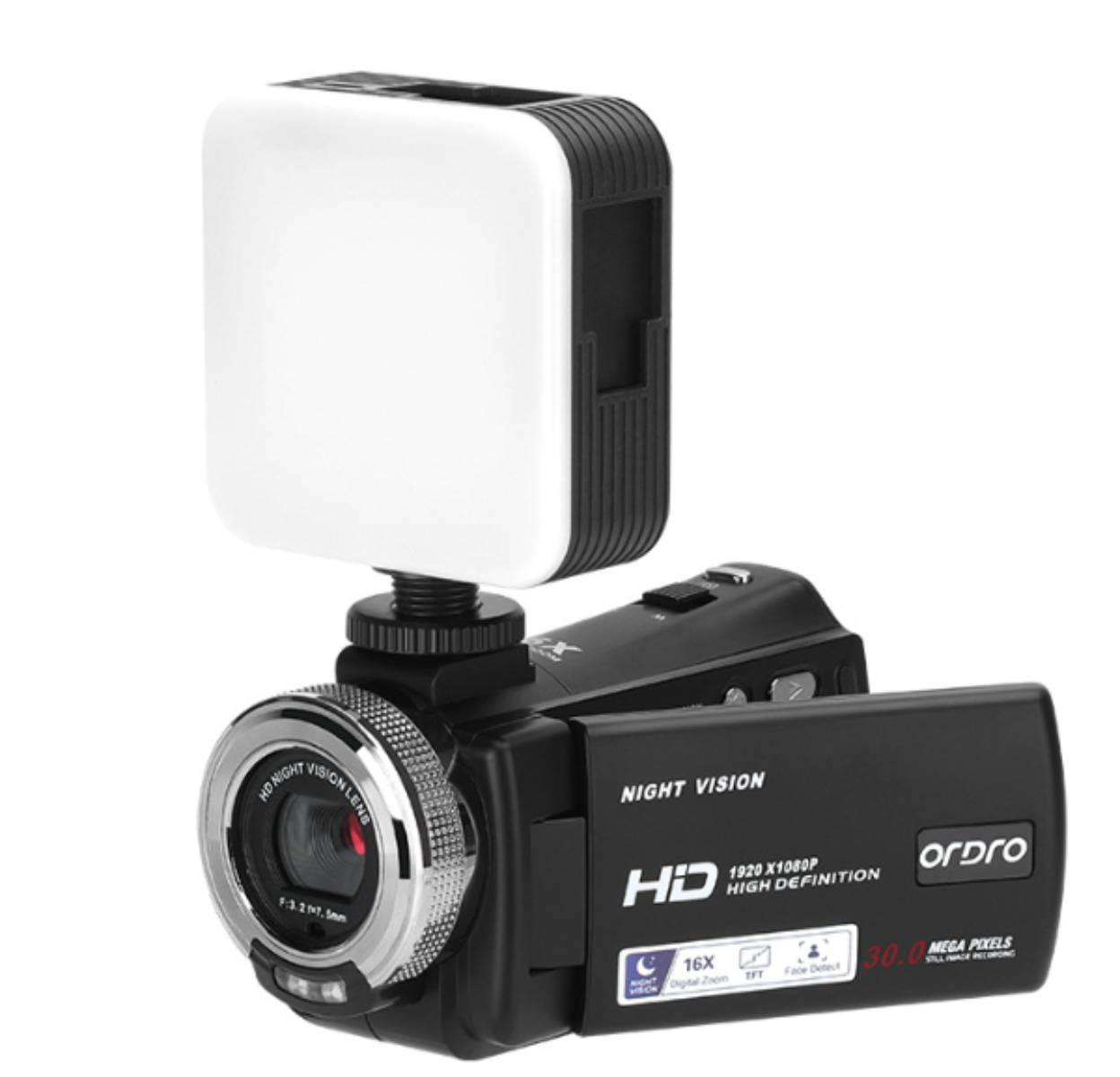 Schwarze Videokamera mit weißem Licht. Mit Nachtsicht und HD-Aufnahme.