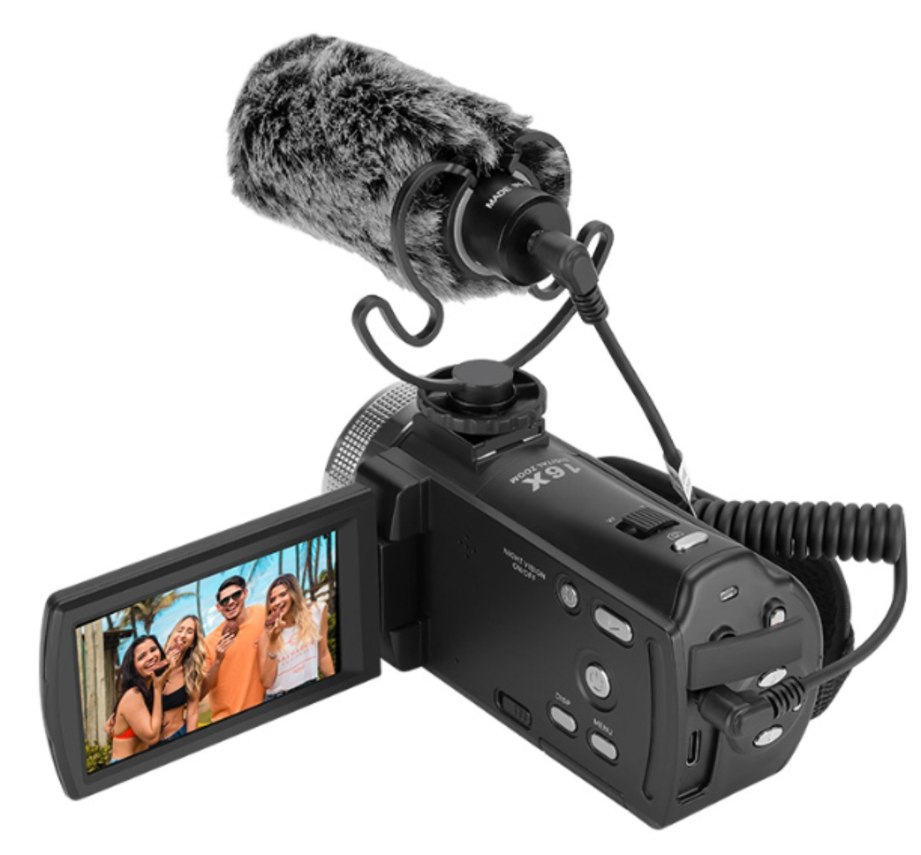 Schwarze Camcorder mit Mikrofon und Bildschirm, der eine Personengruppe zeigt.
