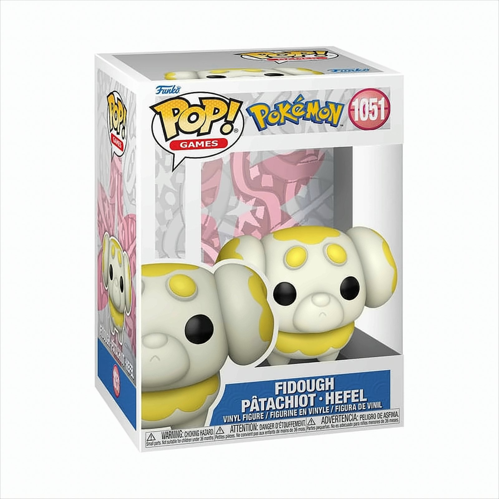 Funko Pop Figur eines hundähnlichen Pokémon, Fidough. Die Box ist weiß mit Grafiken.