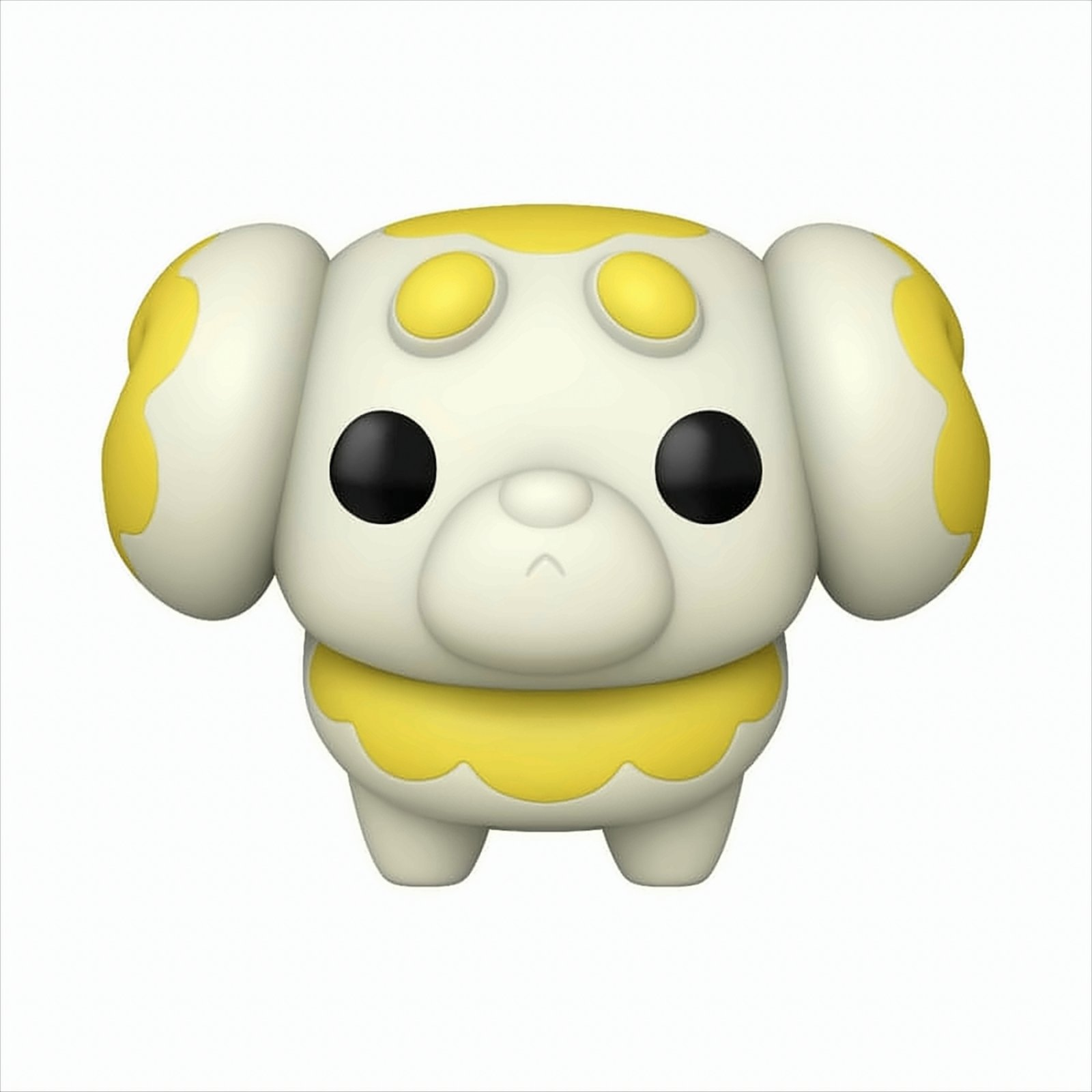 Weiß-gelbe Hundefigur. Schwarze Augen, gelbe Ohren und Kragen. Weißer Hintergrund.