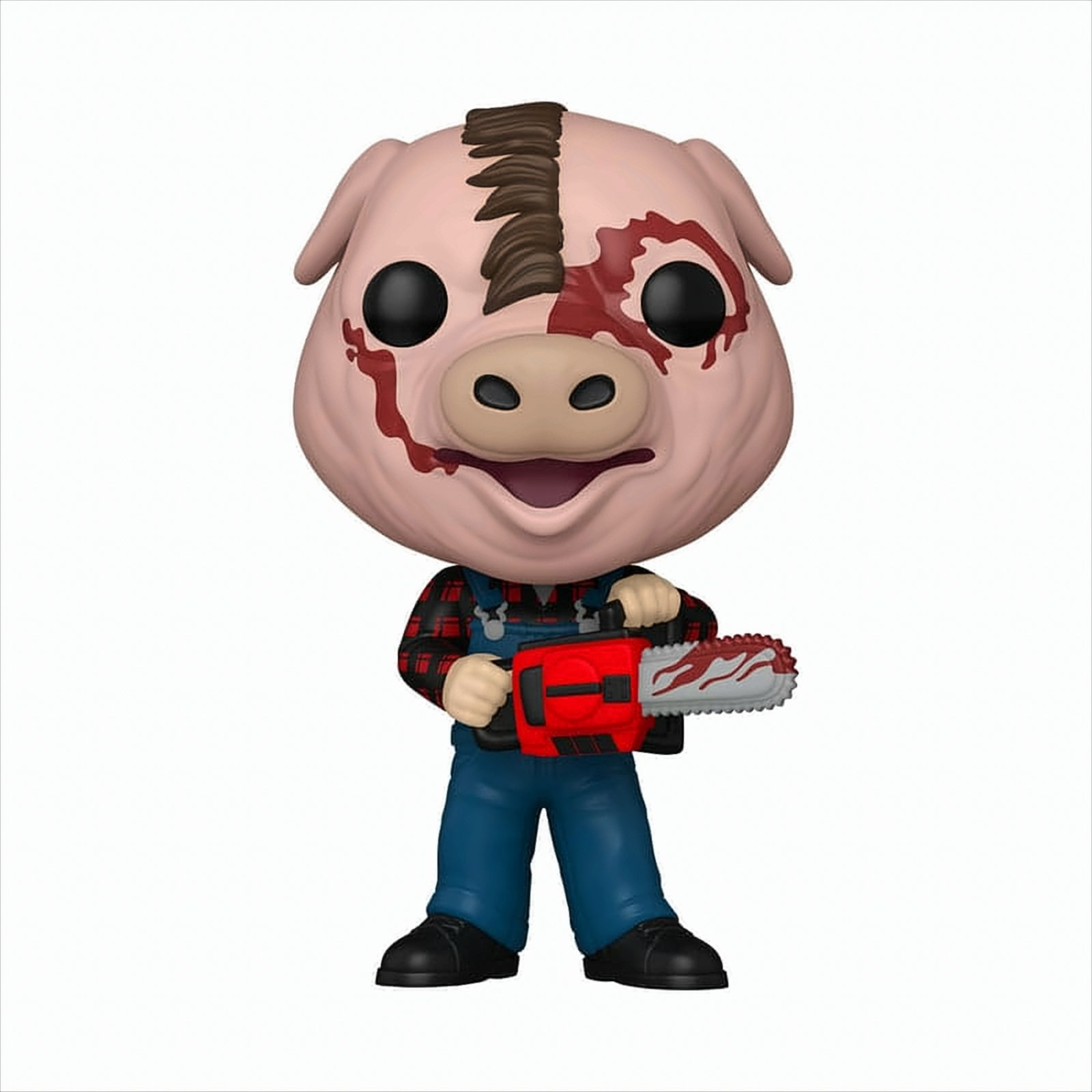 Una figura Funko Pop de un cerdo con una motosierra, la cara ensangrentada, con overoles.
