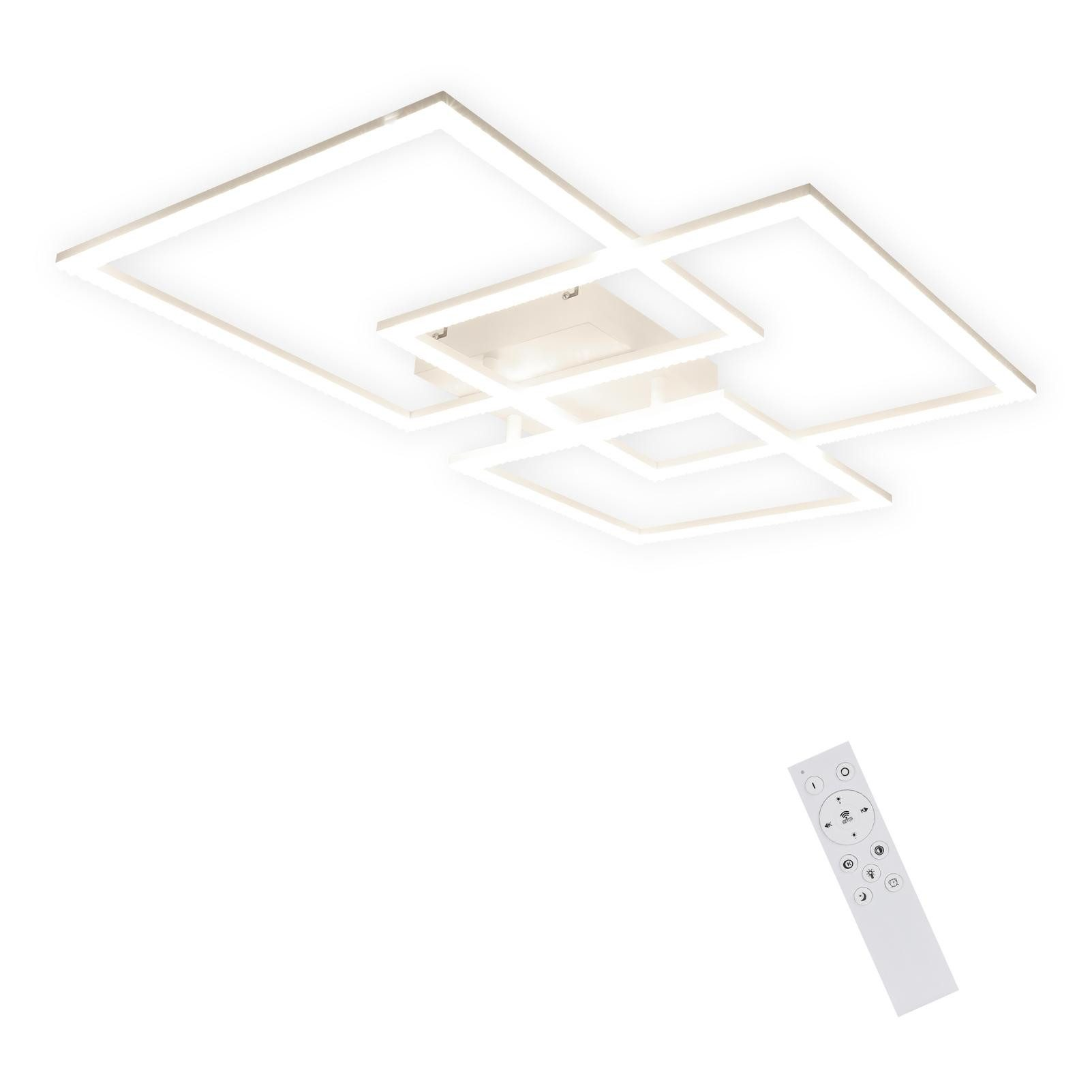 Lámpara de techo con diseño cuadrado y mando a distancia. La lámpara es blanca y tiene un fondo blanco.
