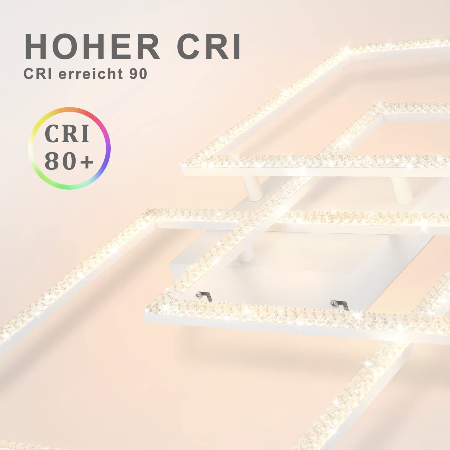 Lámpara de techo geométrica blanca con cristales. Texto indica alto CRI. Se muestra CRI 80+.