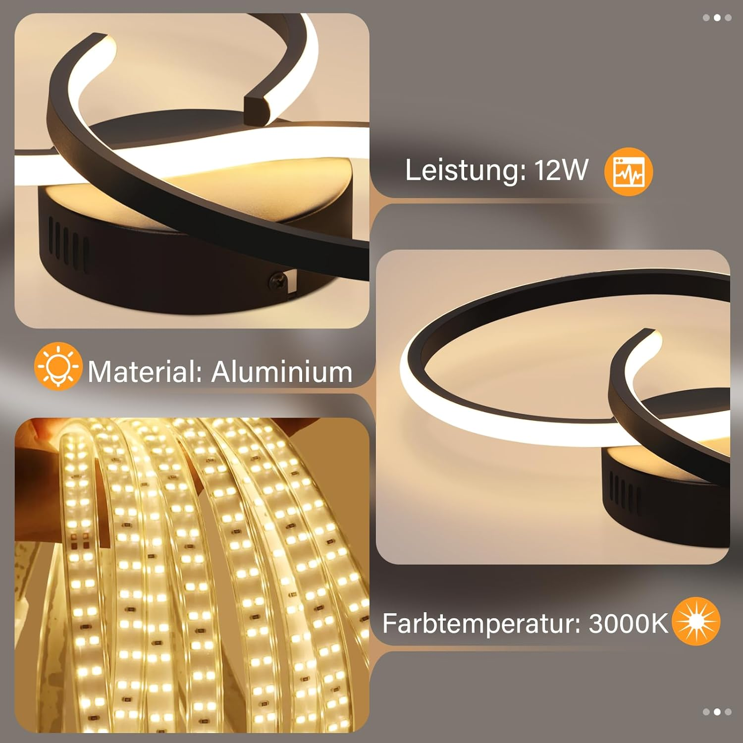 Luz de techo LED en blanco y negro, con etiquetas de material y temperatura de color. Se muestra una tira de LED.