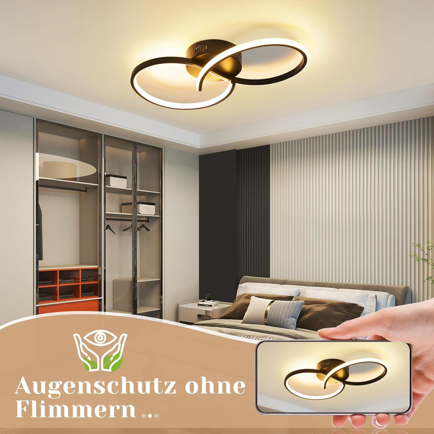 Un dormitorio moderno con una luz de techo. La luz tiene un diseño de doble anillo. Texto: Protección ocular sin parpadeo.