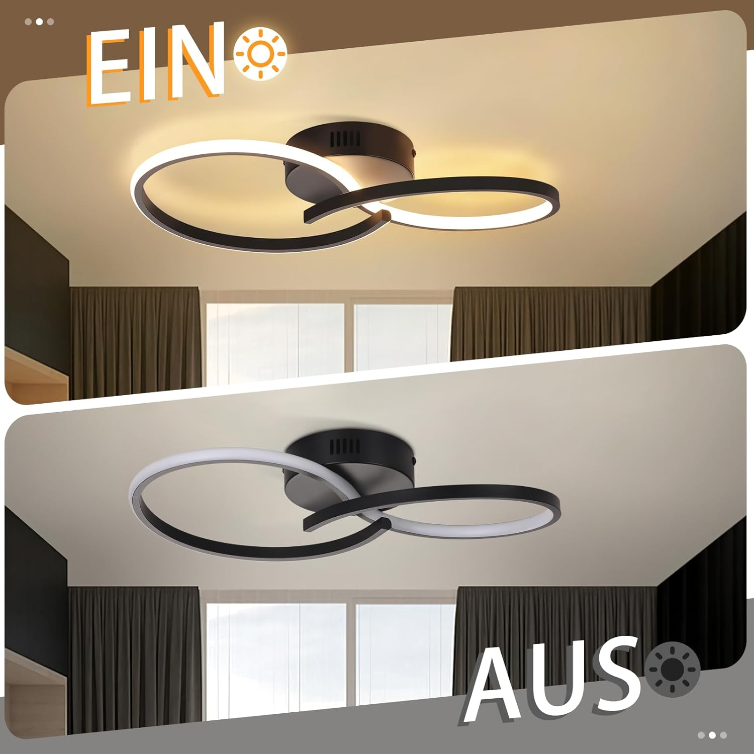 Dos imágenes de una luz de techo, encendida y apagada. La luz tiene dos anillos superpuestos.