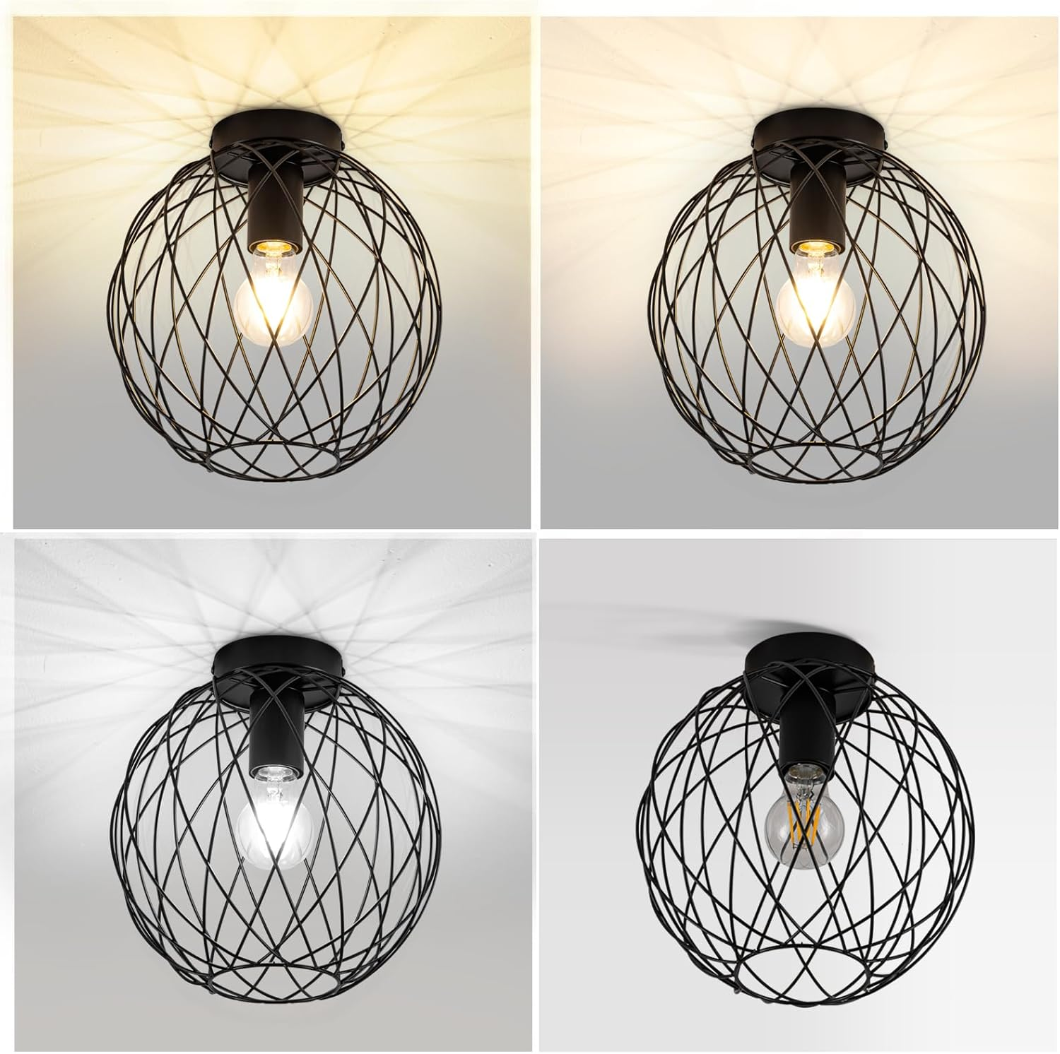 Vier Bilder einer schwarzen Drahtrahmen-Deckenlampe mit einer Glühbirne. Die Bilder zeigen verschiedene Lichteffekte.