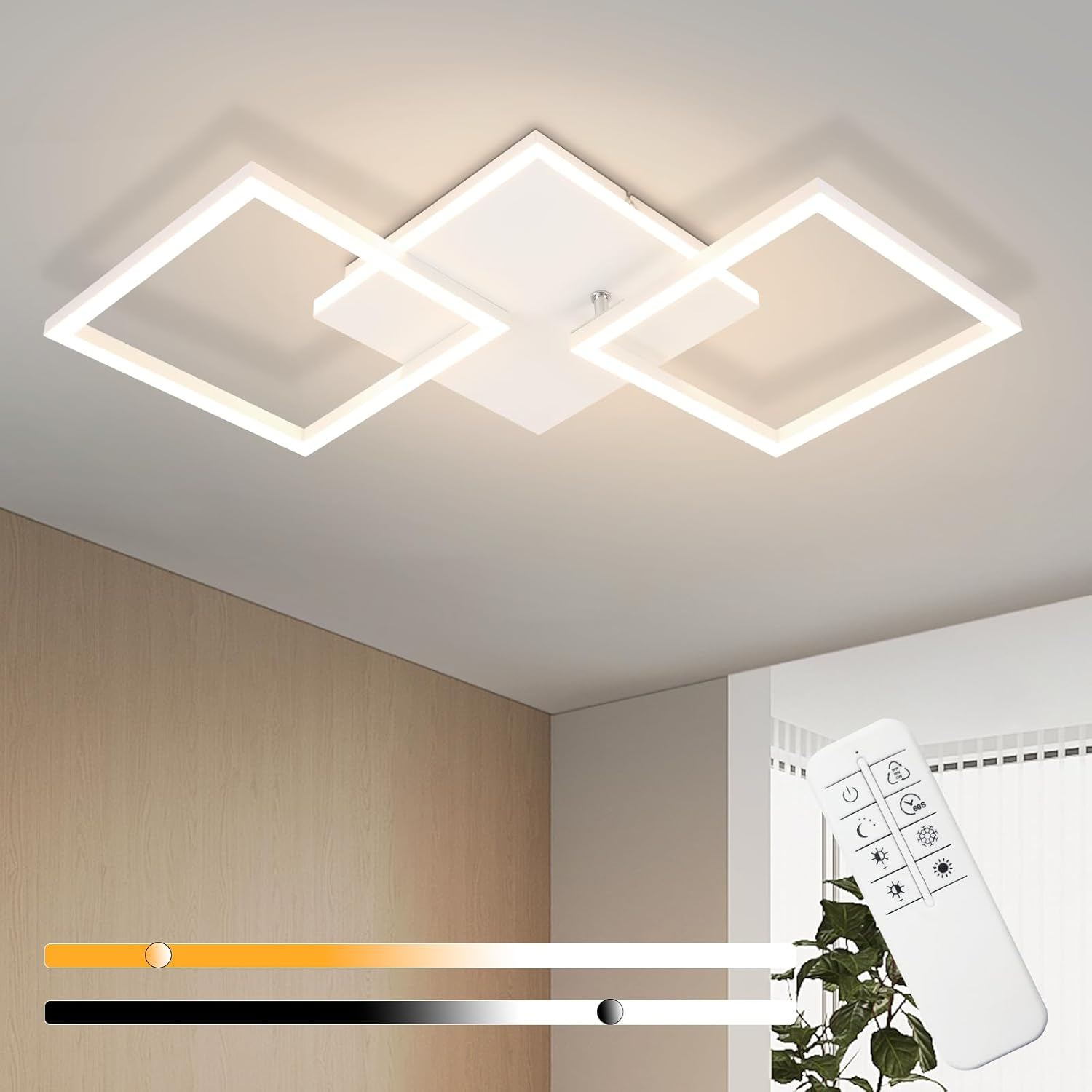 Luz de techo blanca de forma cuadrada con un mando a distancia, con un control deslizante de ajuste de luz.