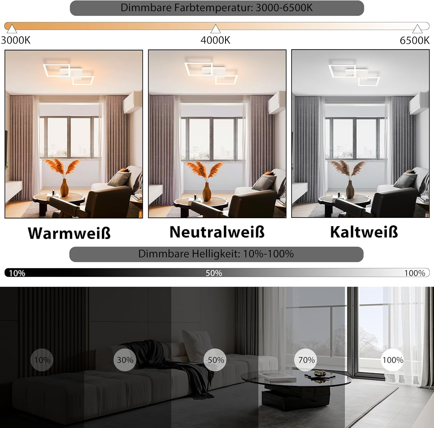 Tres imágenes que muestran diferentes temperaturas de color y niveles de brillo de una luz de techo.