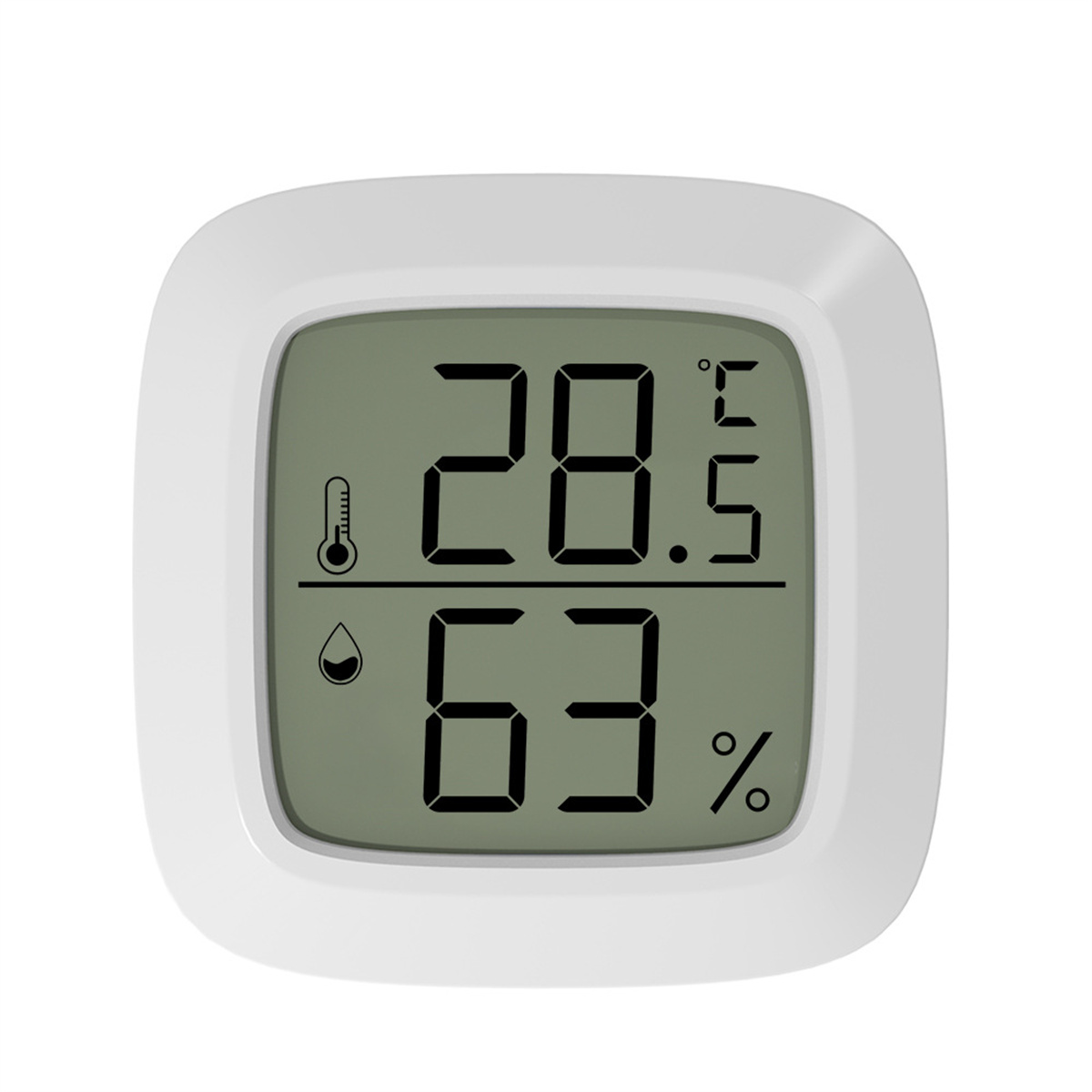 Weißes digitales Thermometer, das 28,5 Grad und 63% anzeigt. Thermometer- und Wassertropfen-Symbole.