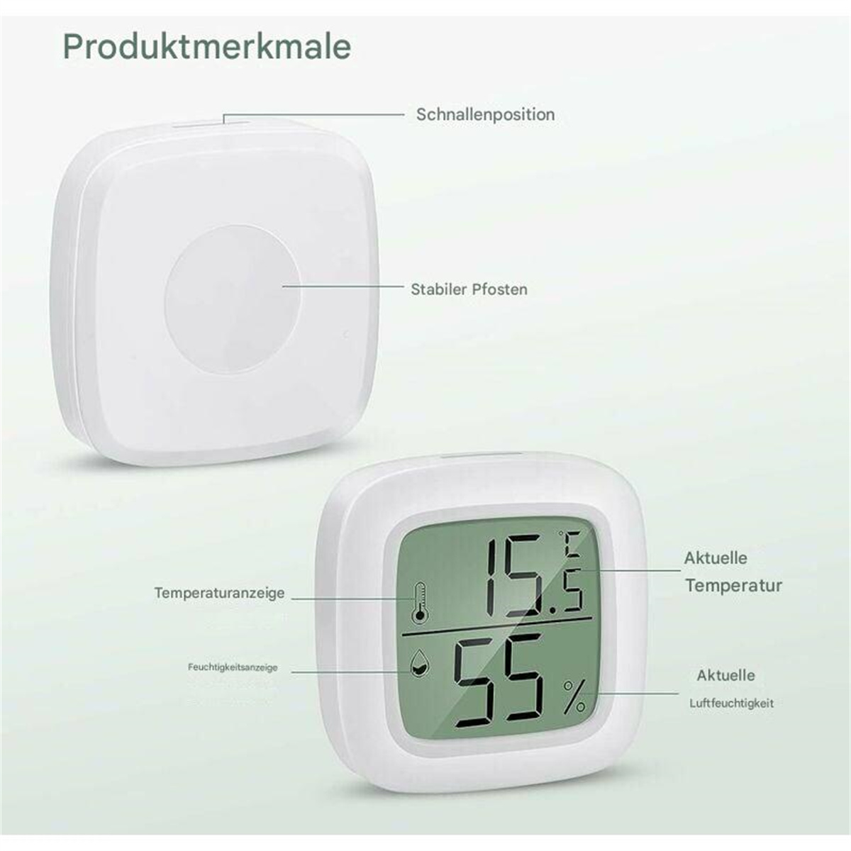 Weißes quadratisches Gerät mit Display, das Temperatur und Luftfeuchtigkeit anzeigt, und eine weitere Draufsicht.
