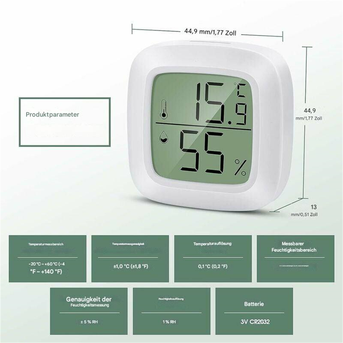 Ein weißes digitales Thermometer, das Temperatur- und Feuchtigkeitswerte anzeigt. Messungen in Celsius und Fahrenheit.