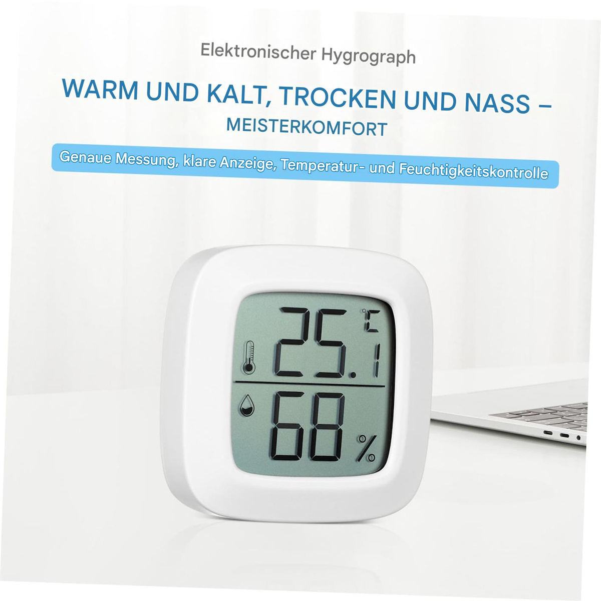 Weißer digitaler Temperatur- und Feuchtigkeitssensor zeigt Messwerte auf einem Schreibtisch.