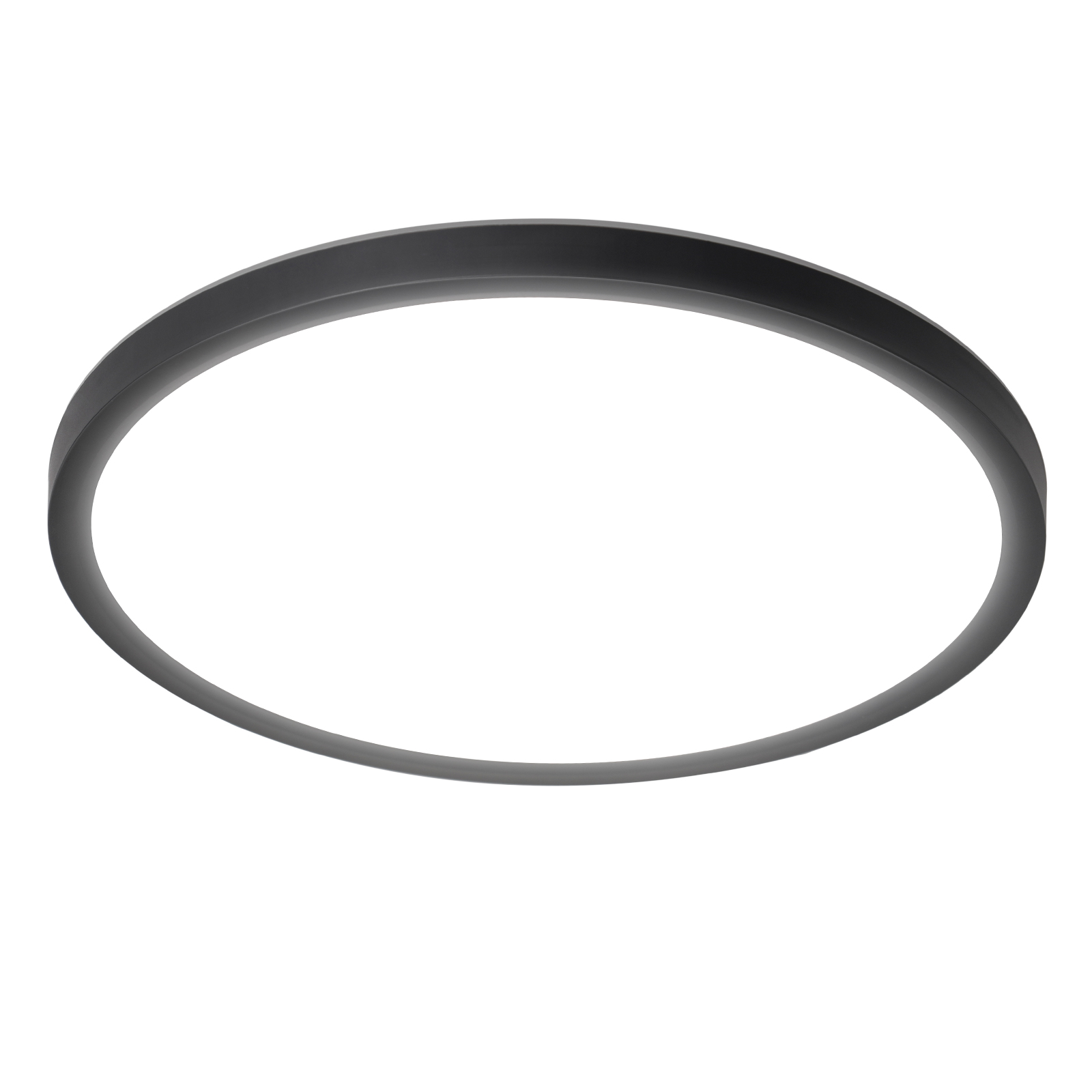 Una plafoniera a LED grigio scuro, circolare, su sfondo bianco, che emette luce intensa.
