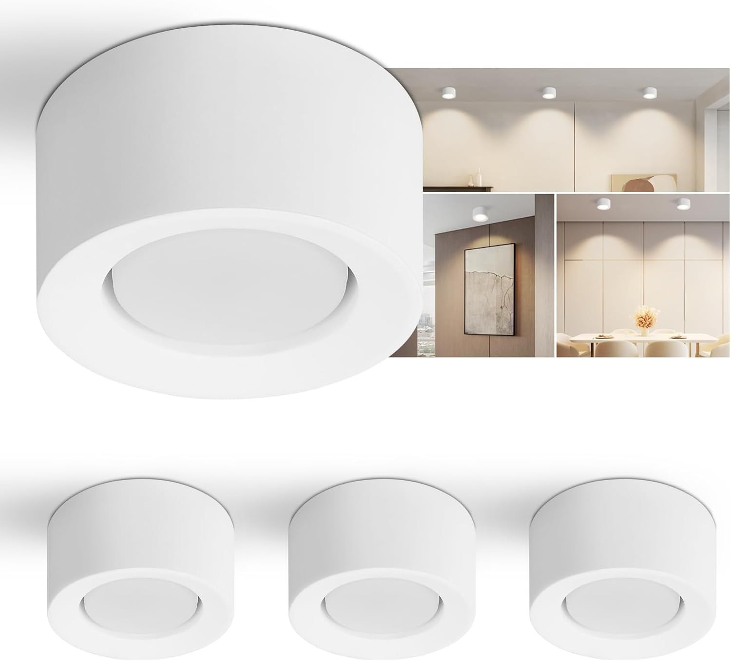 Tres luces de techo blancas y 3 fotos insertadas que muestran las luces en diferentes habitaciones.