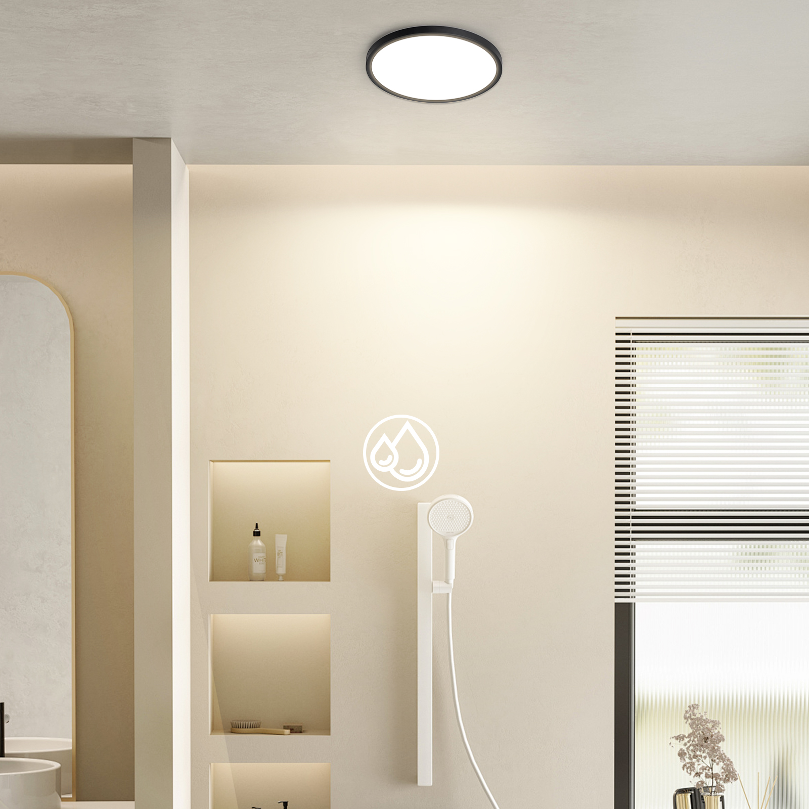 Baño con luz de techo, alcachofa de ducha y esquema de color neutro.