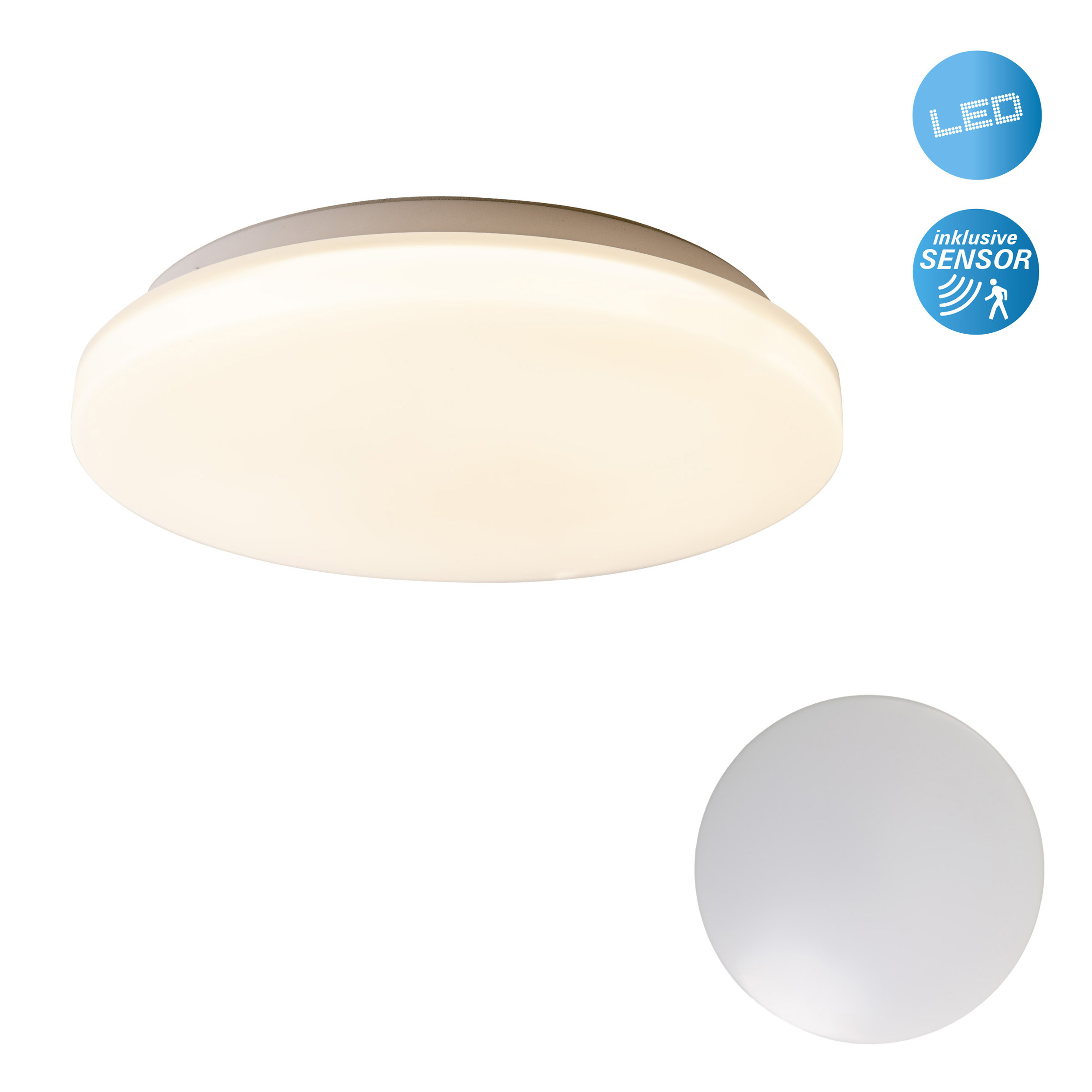 Weiße LED-Deckenleuchte mit Sensor und abnehmbarem weißen Lichtdiffusor.