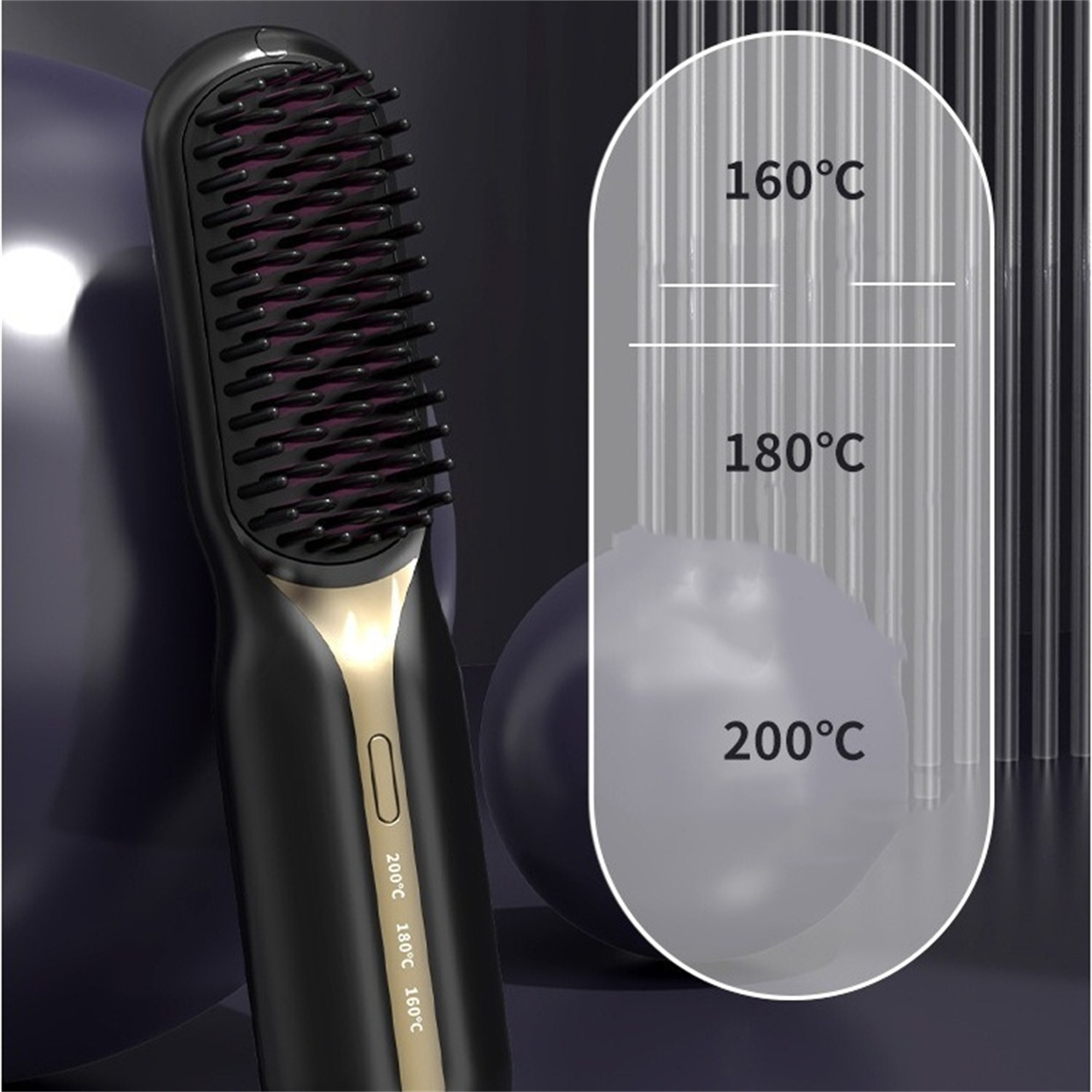Schwarze und goldene Haarglättungsbürste mit Temperatureinstellungen. Der Hintergrund ist lila und grau.