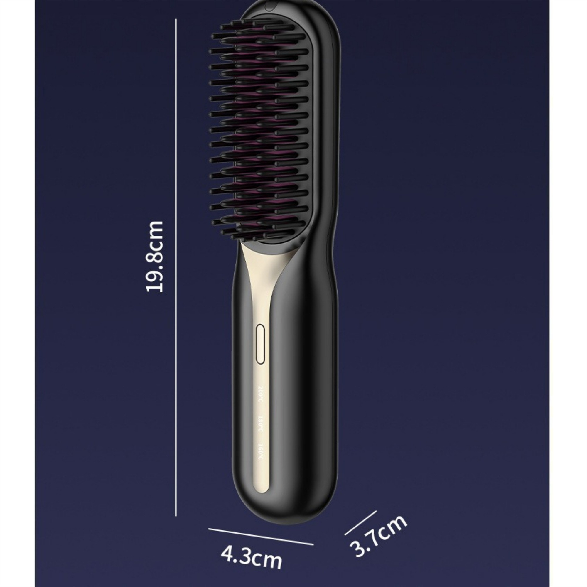 Eine schwarze Haarglättungsbürste. Sie hat einen Griff, einen Heizbereich mit lila Borsten und Maßangaben.