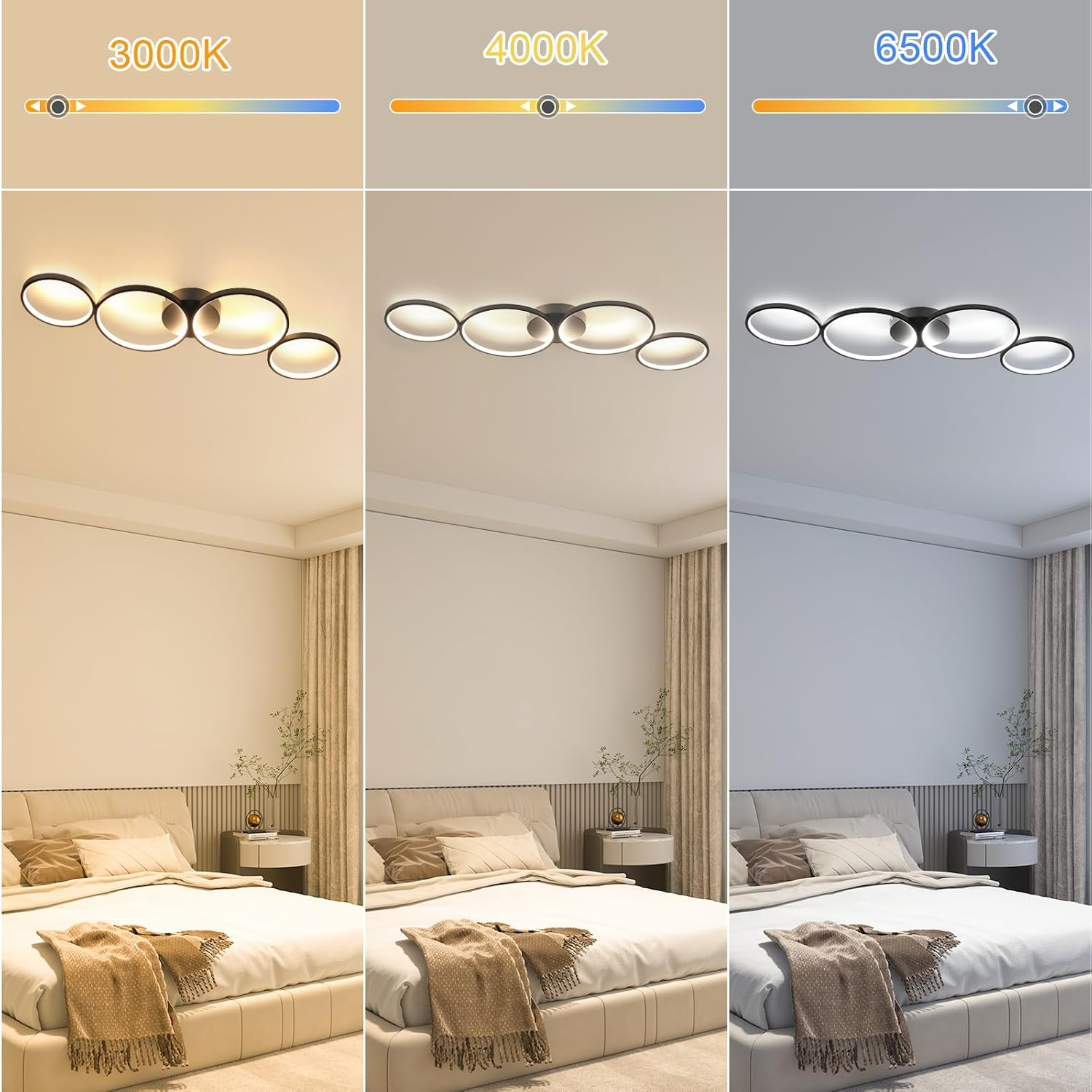 Dormitorio con cama e iluminación variable. Se muestran los deslizadores de temperatura de la luz. La iluminación es ajustable.