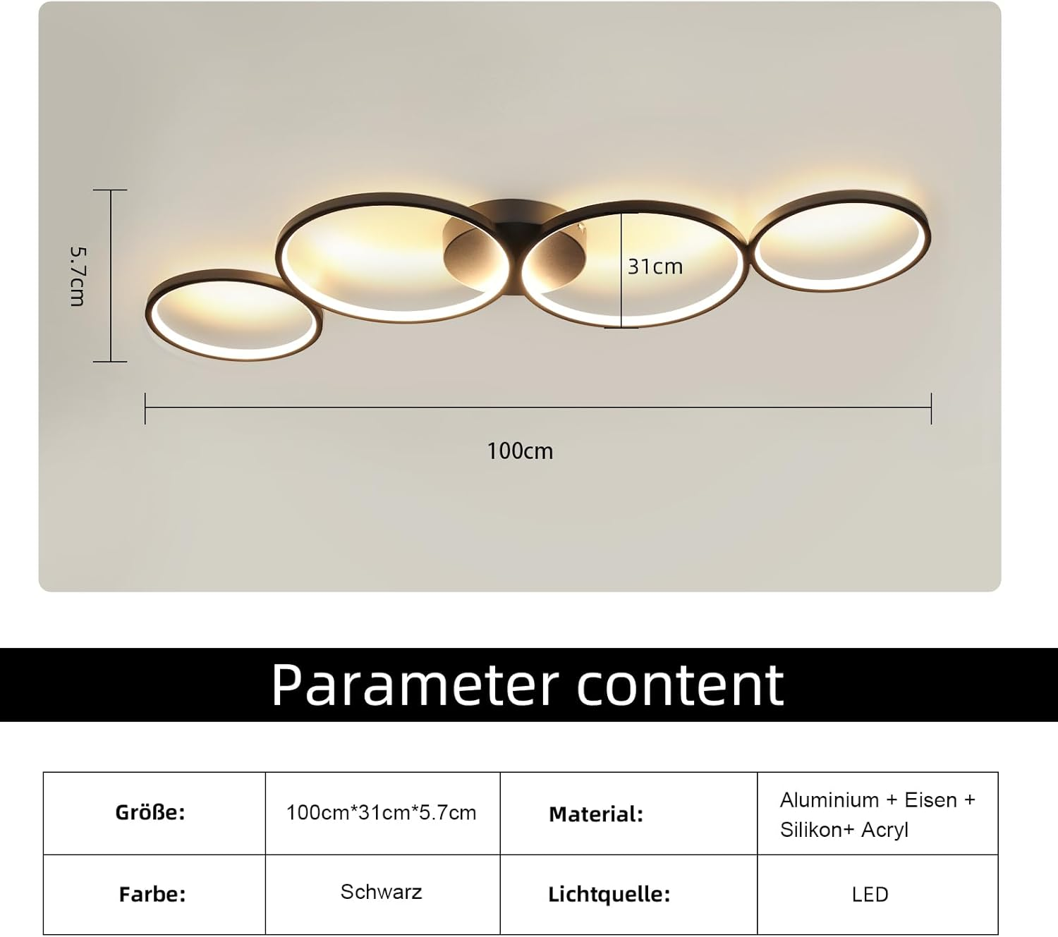 Se muestra una luz de techo negra con cuatro luces circulares con dimensiones. Está hecha de aluminio y acrílico.