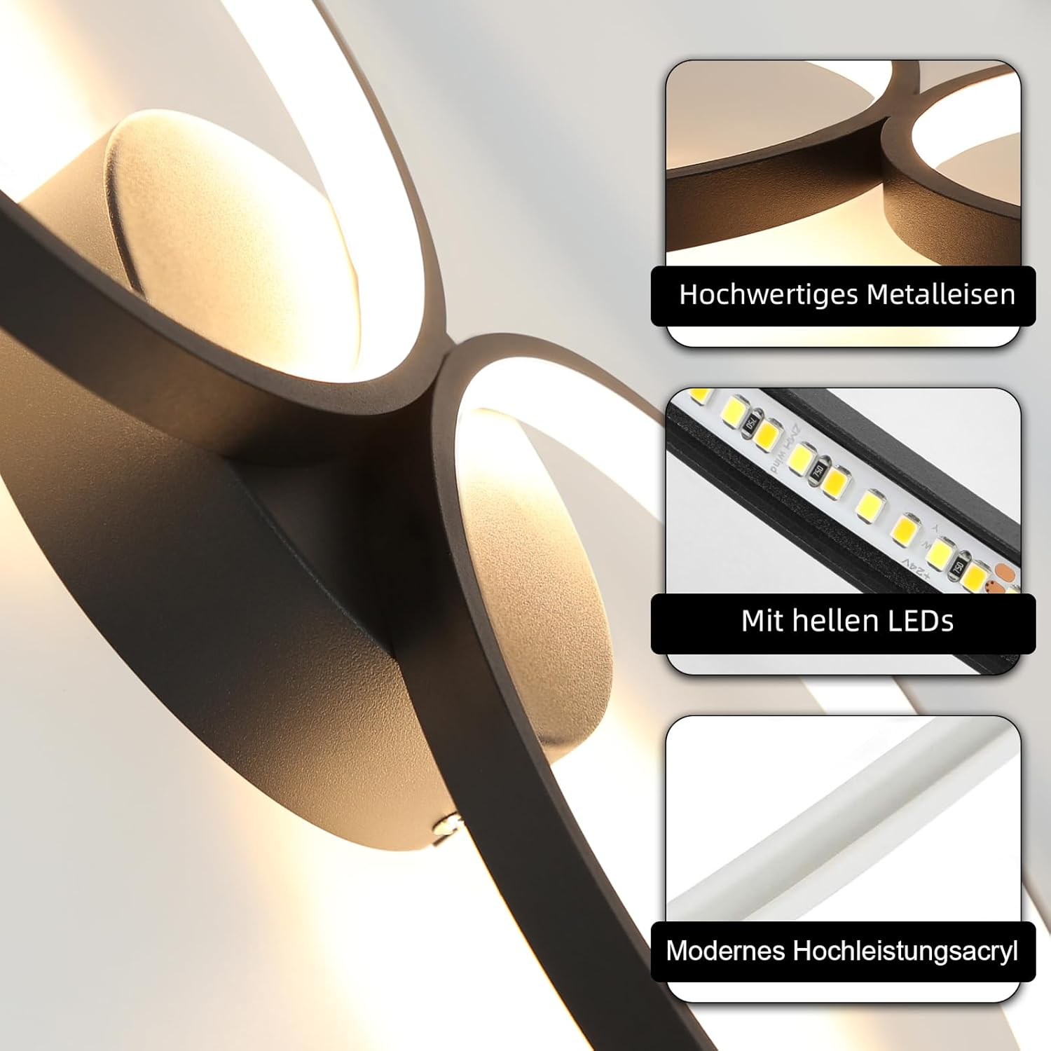 Un primer plano de una lámpara de pared negra. Con detalles de las luces LED, componentes metálicos y acrílicos.