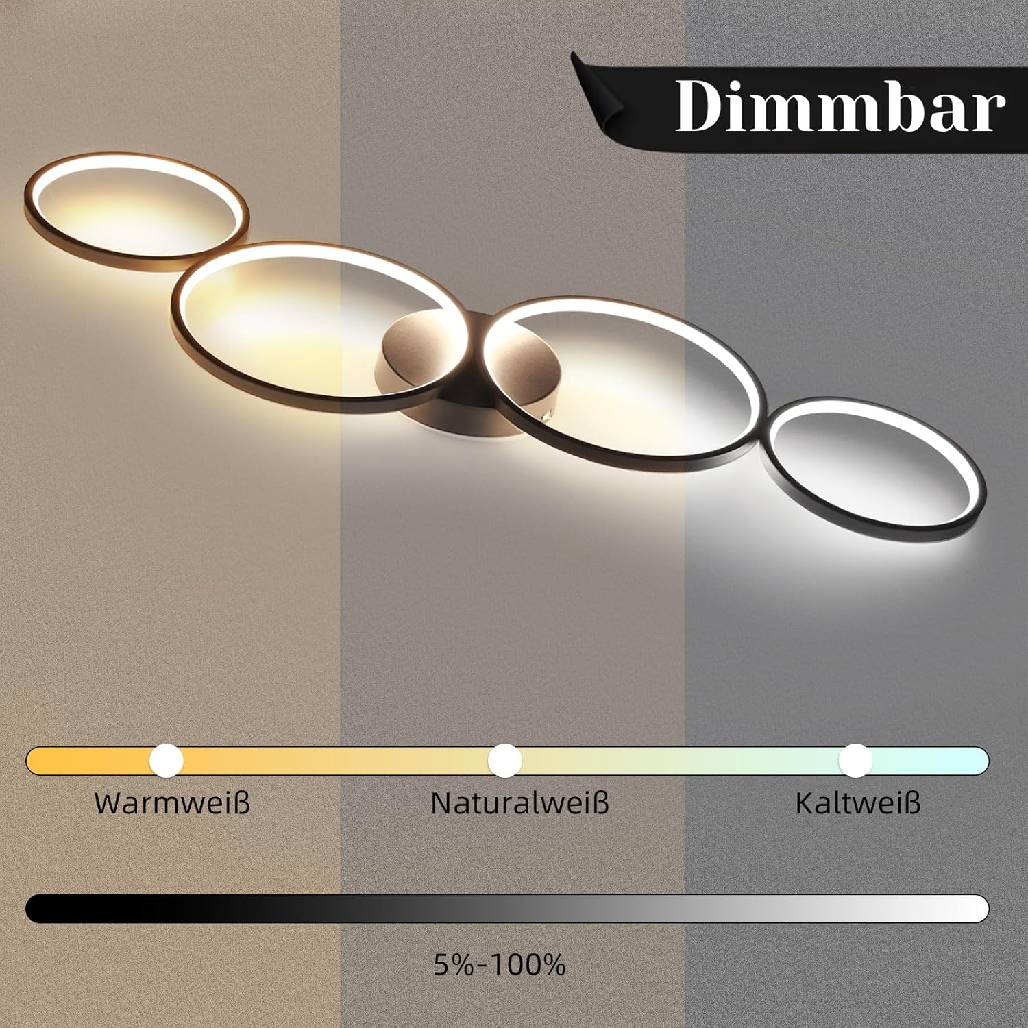 Una lámpara de techo con luces ovaladas y una escala de color de blanco cálido a blanco frío, con texto 'Dimmbar'.