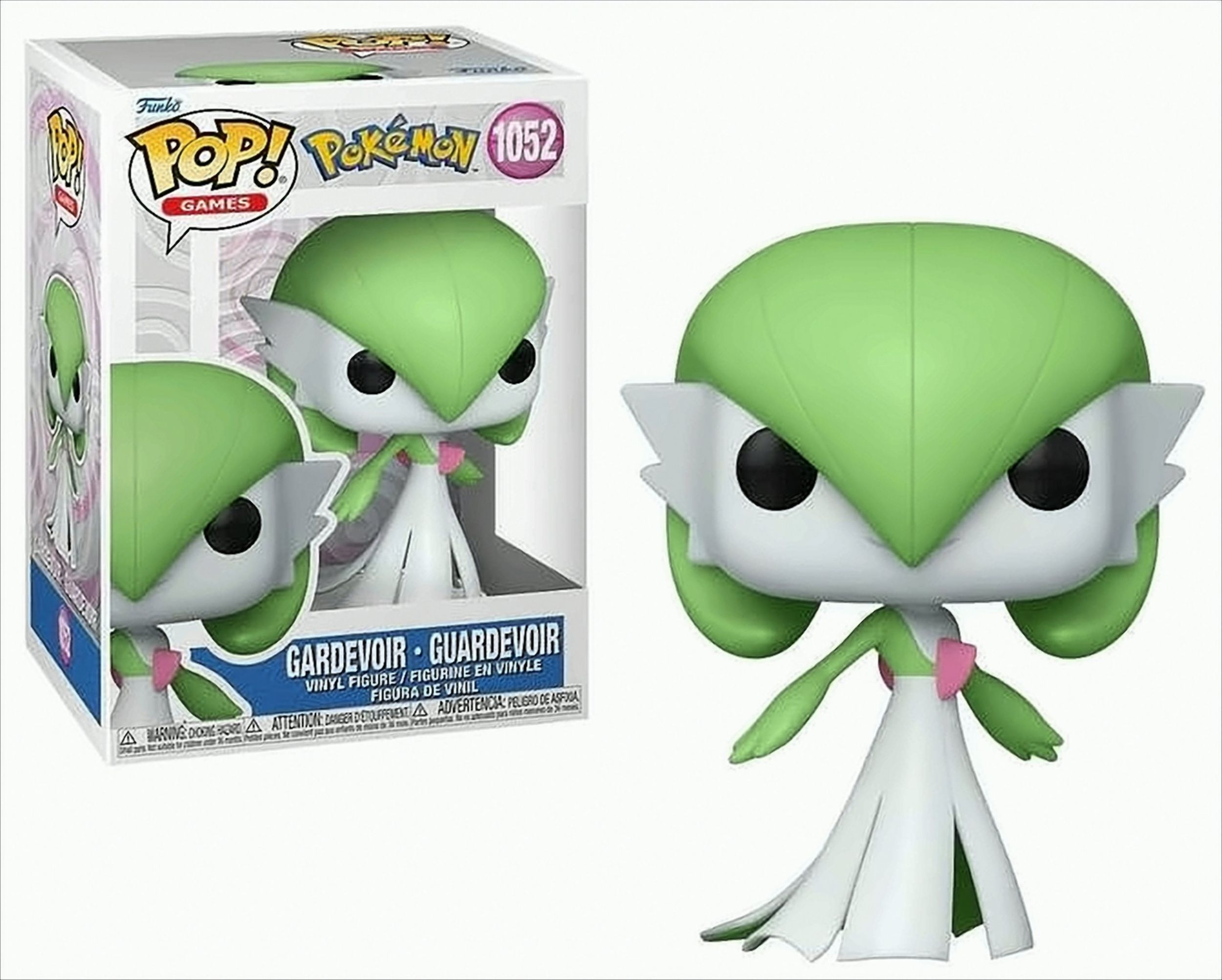 Funko Pop! Figur von Gardevoir. Es ist eine grün-weiße Figur in einer Box. Die Box hat Text.