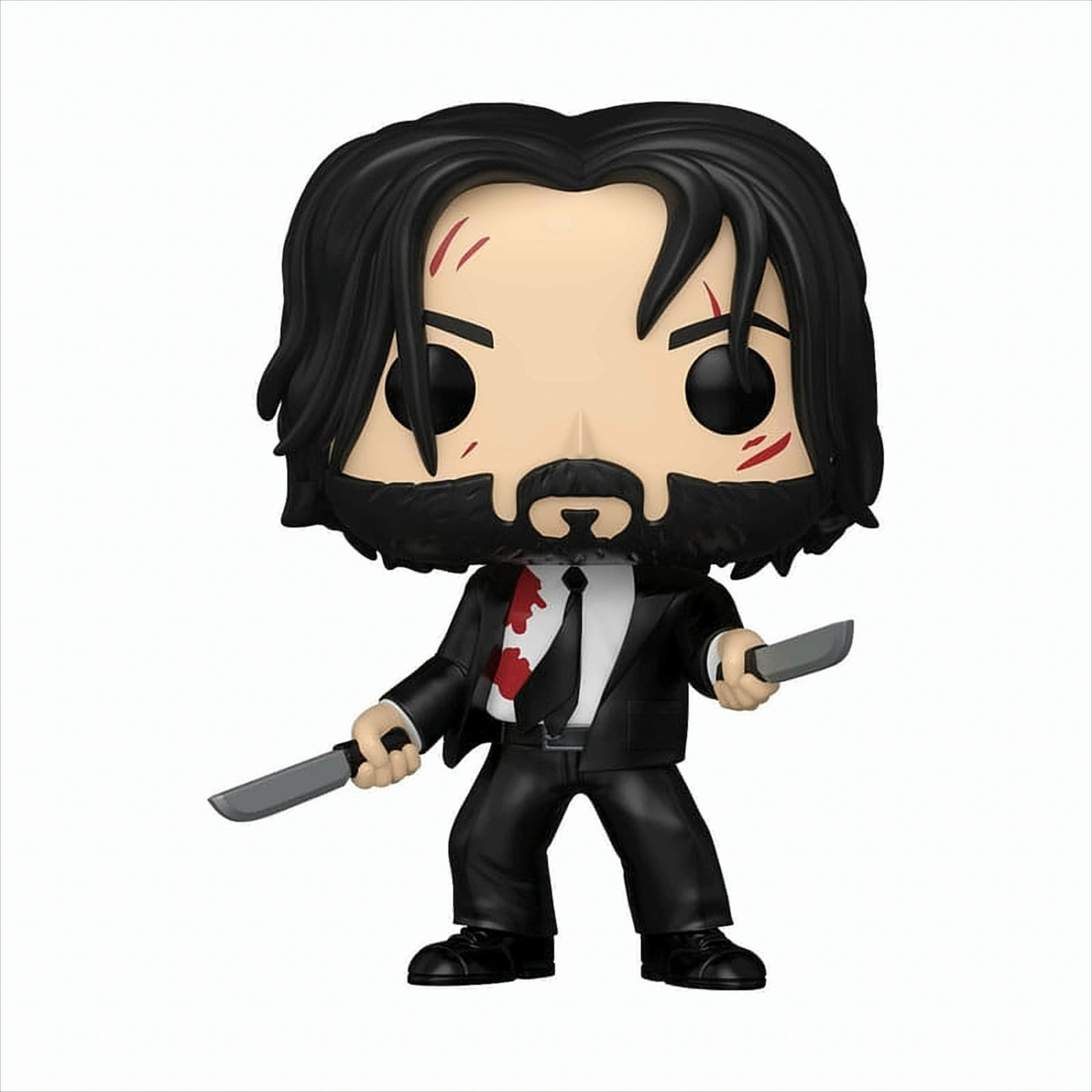 John Wick Funko Pop Figur mit zwei Messern. Trägt einen schwarzen Anzug mit Blutflecken.