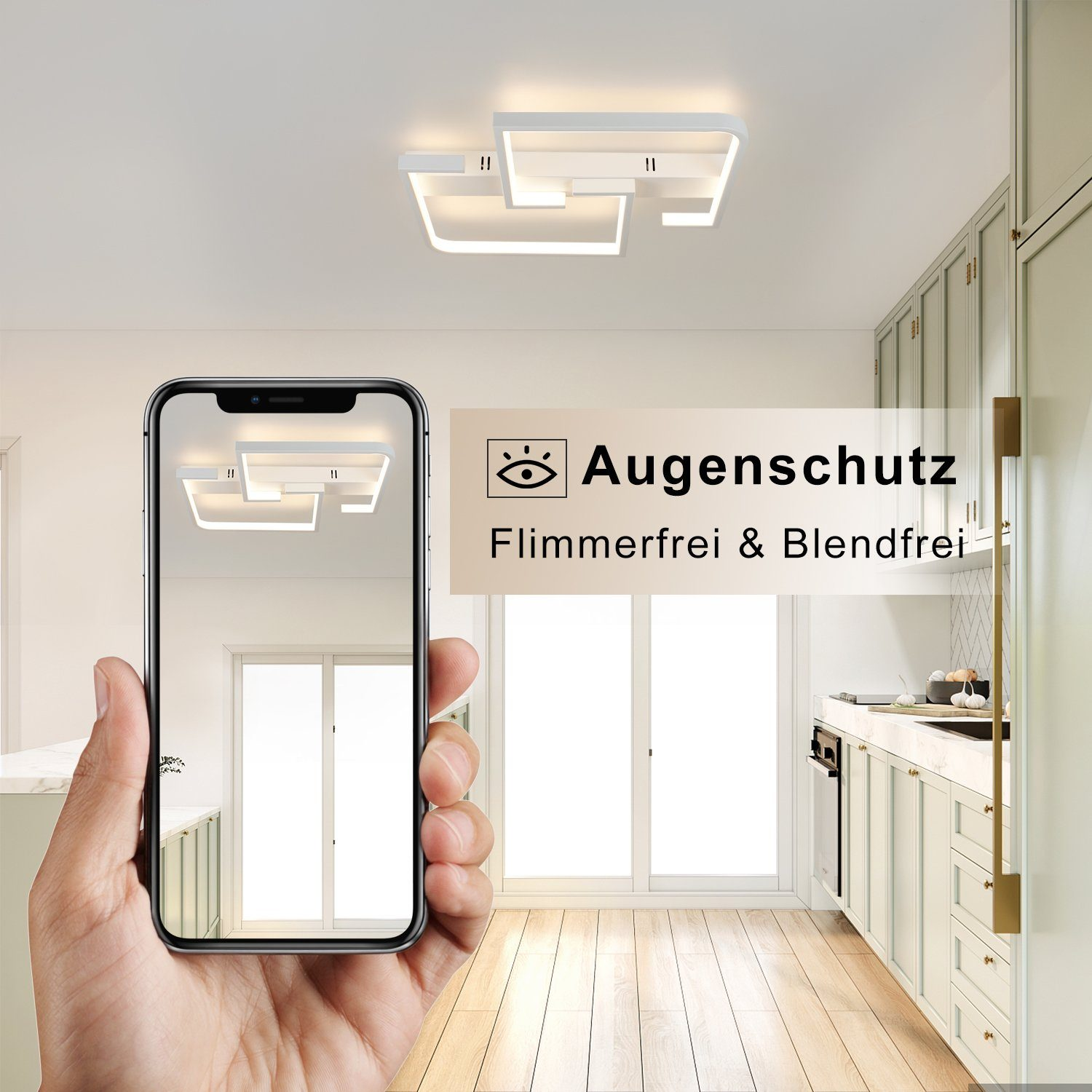 Smartfon wyświetlający nowoczesną białą oprawę oświetleniową sufitową w scenerii kuchennej.