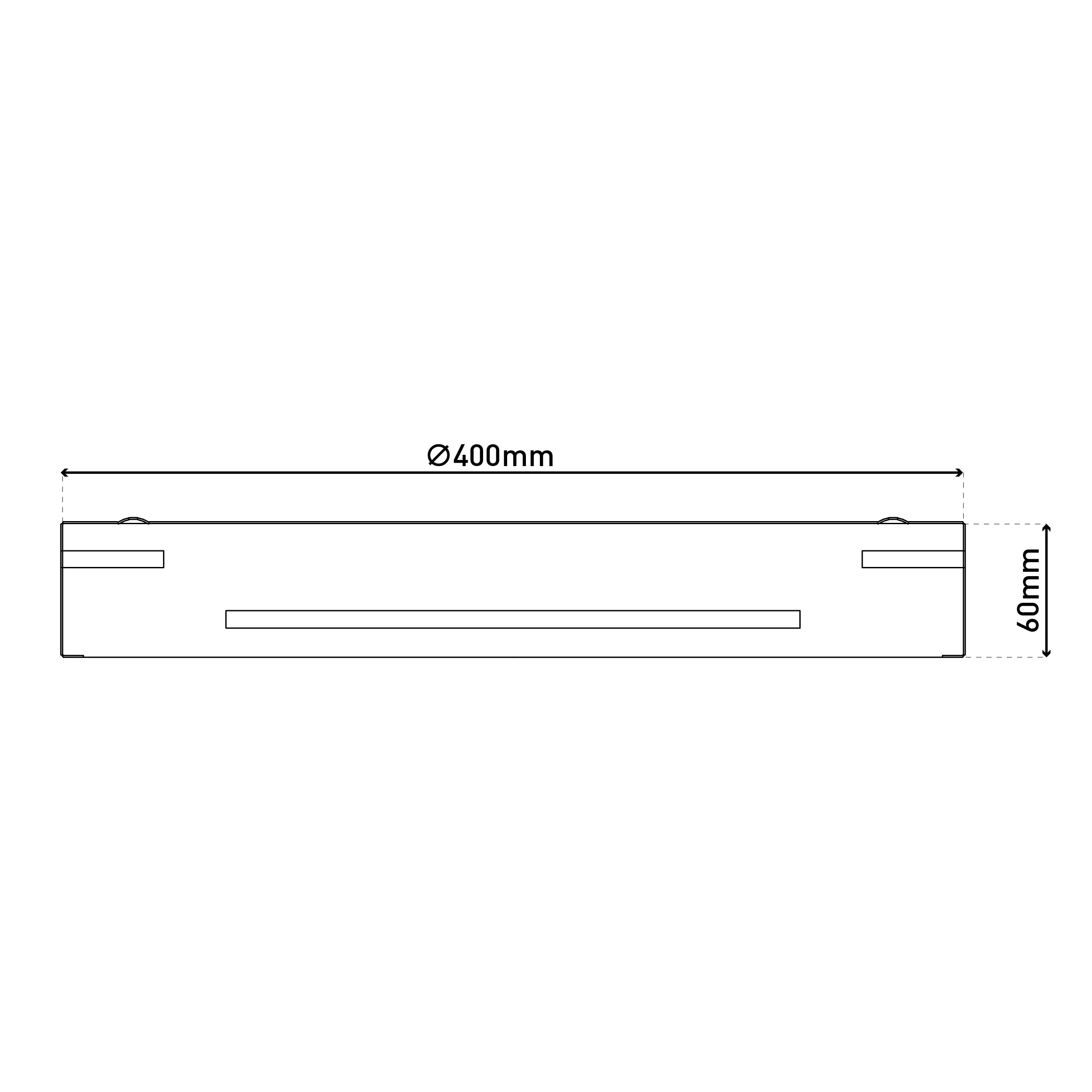 Ein horizontaler Balken mit Abmessungen und weißem Hintergrund.