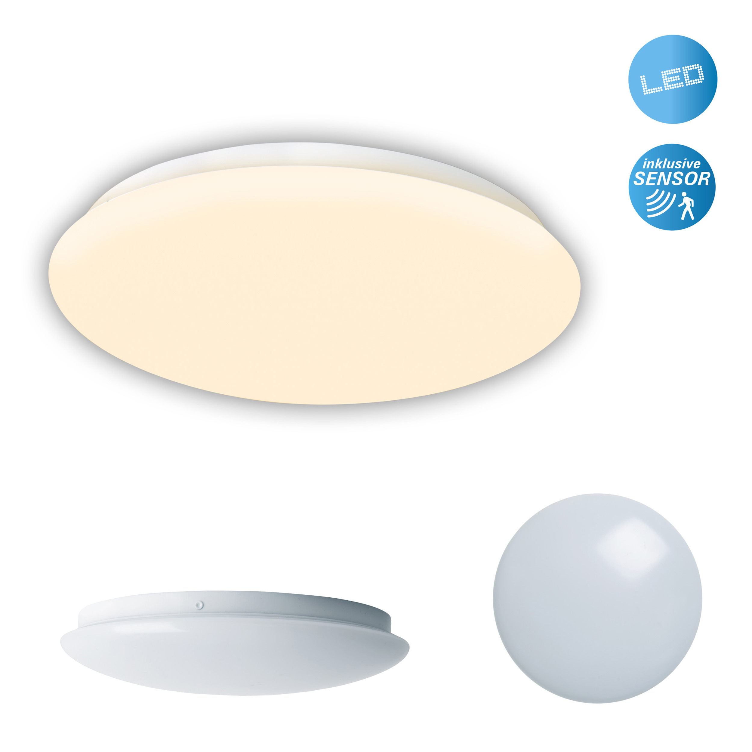 Drei Ansichten einer weißen LED-Deckenleuchte mit Sensor. Eine Seiten-, Ober- und Unteransicht.