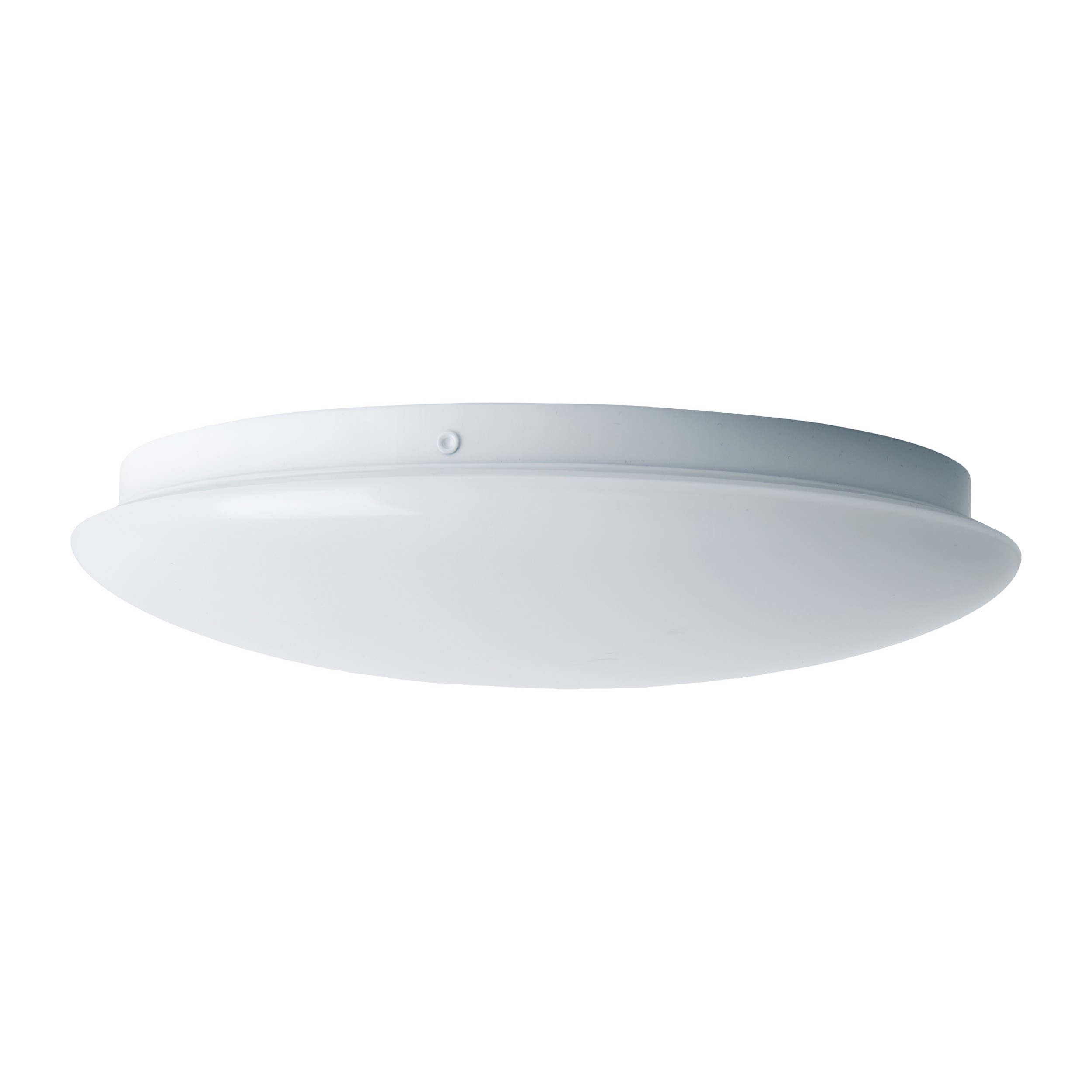 Weiße, ovalförmige Deckenleuchte vor weißem Hintergrund. Schlichtes, modernes Design.