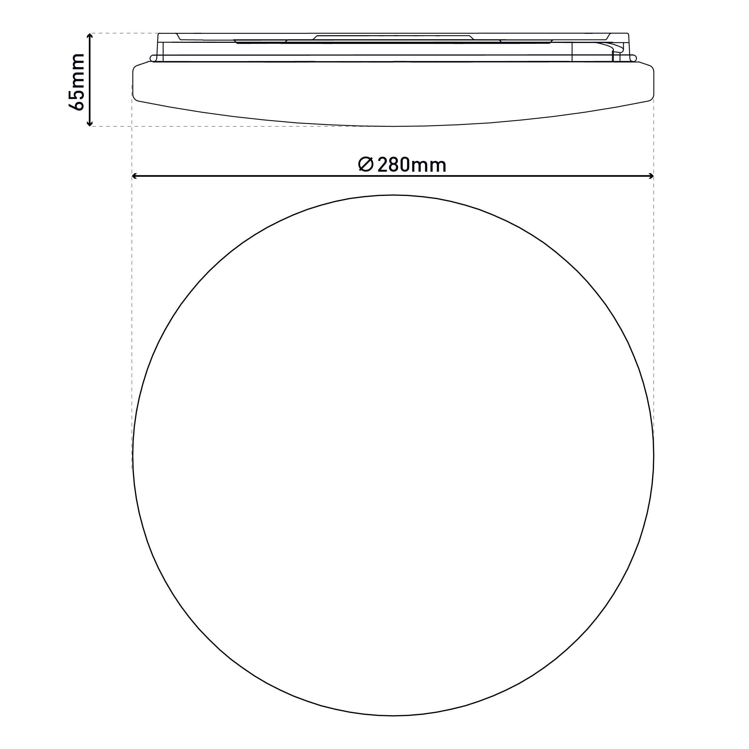 Draufsicht- und Seitenansicht-Diagramm einer kreisförmigen Leuchte mit Abmessungen in mm.