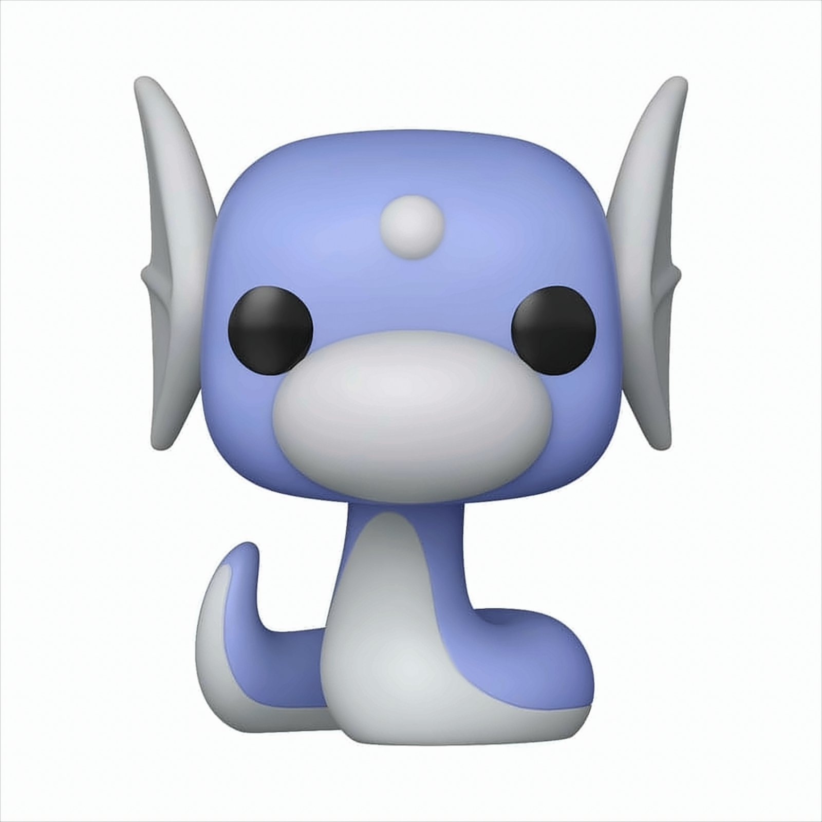 Blaue und weiße Spielzeugfigur eines Zeichentrickdrachen. Große Ohren und runder Körper.