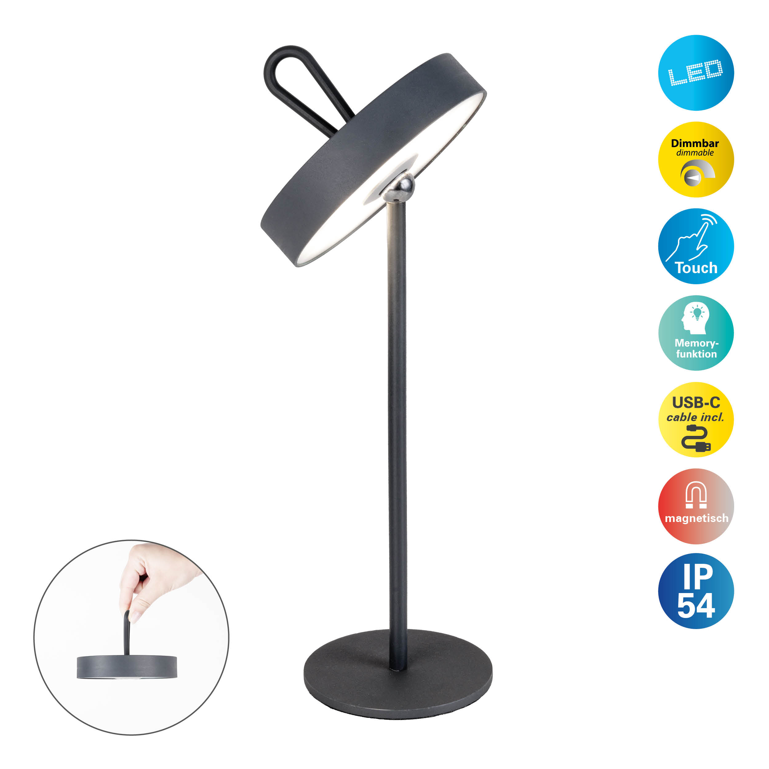 Eine dunkelgraue Tischlampe mit ringförmigem Licht. Zu den Merkmalen gehören LED, Touch-Steuerung, Speicher und USB.