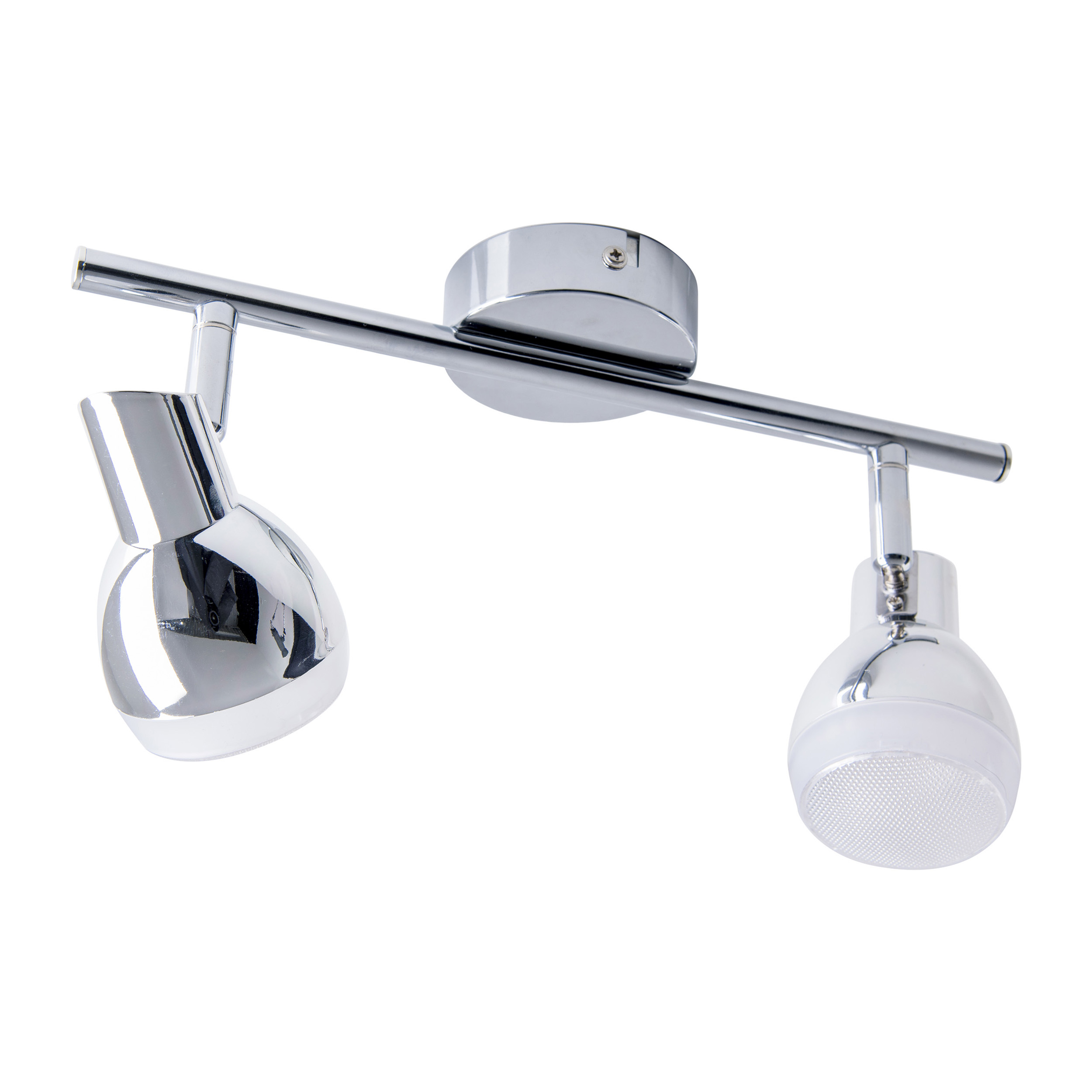 Chrom-Schienenbeleuchtung mit zwei Strahlern auf weißem Hintergrund, je mit Glas- und Metallkopf.