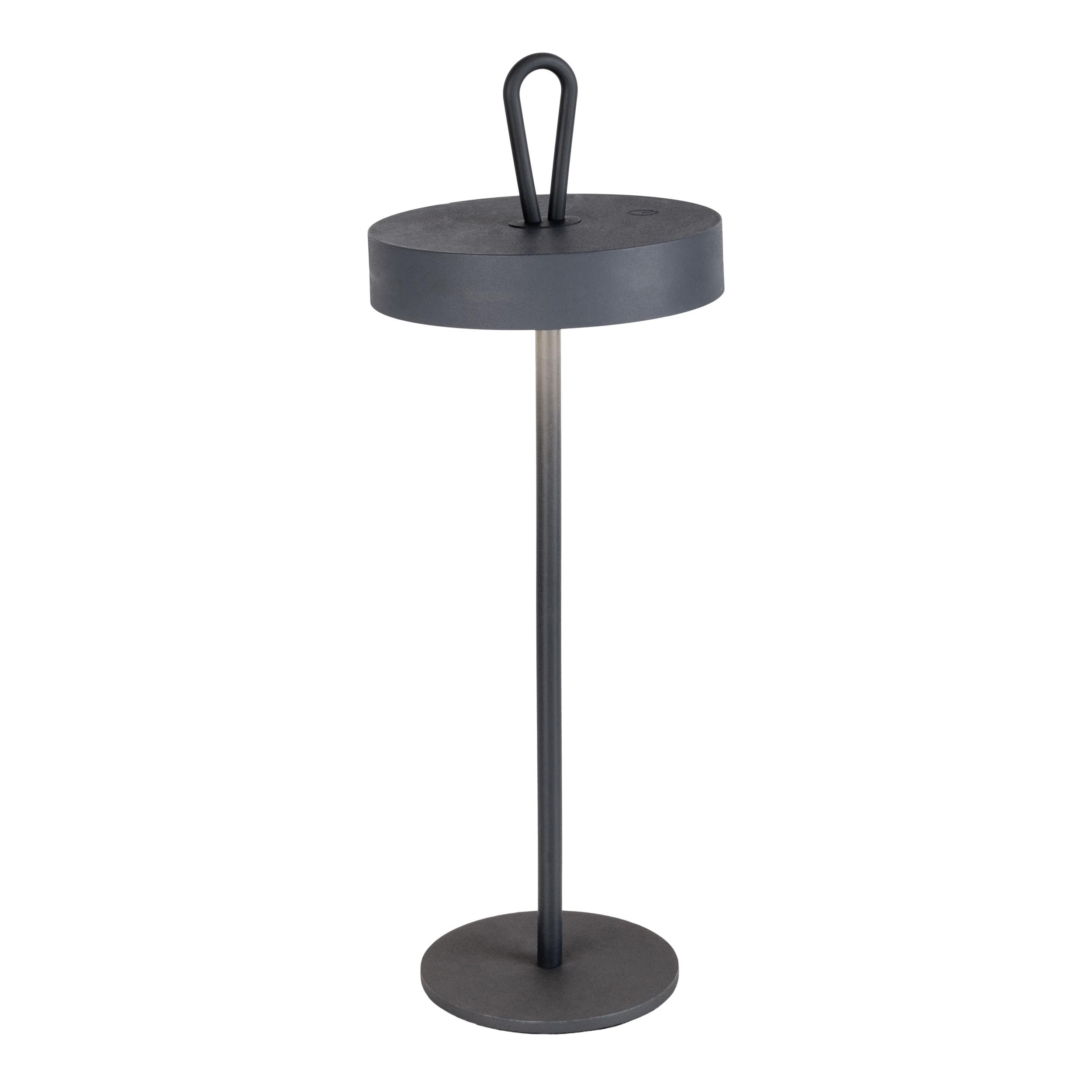 Eine dunkelgraue Lampe mit rundem Fuß und Griff oben, auf weißem Hintergrund stehend.