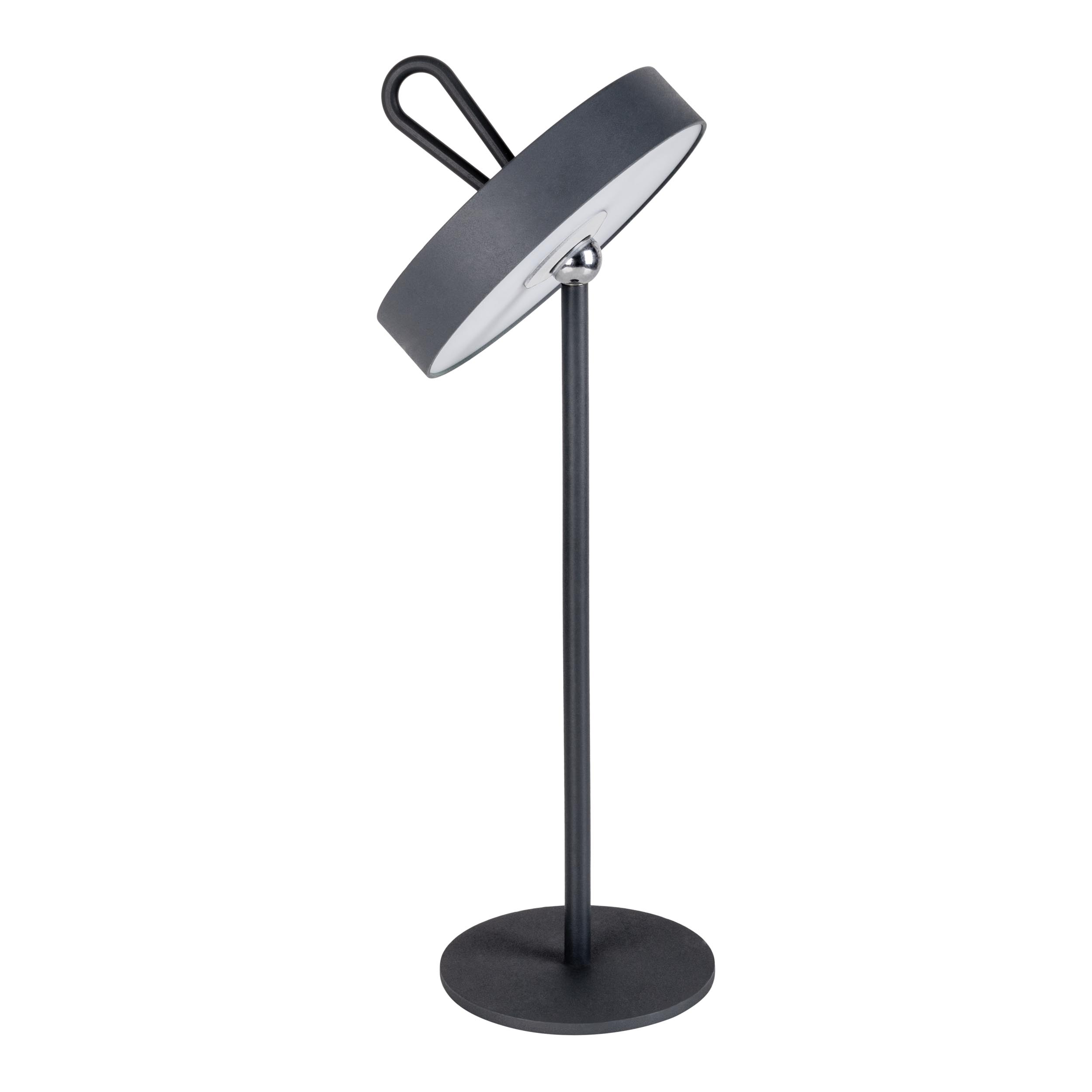 Eine moderne, graue Schreibtischlampe mit rundem Schirm und gebogenem Griff steht auf weißem Hintergrund.