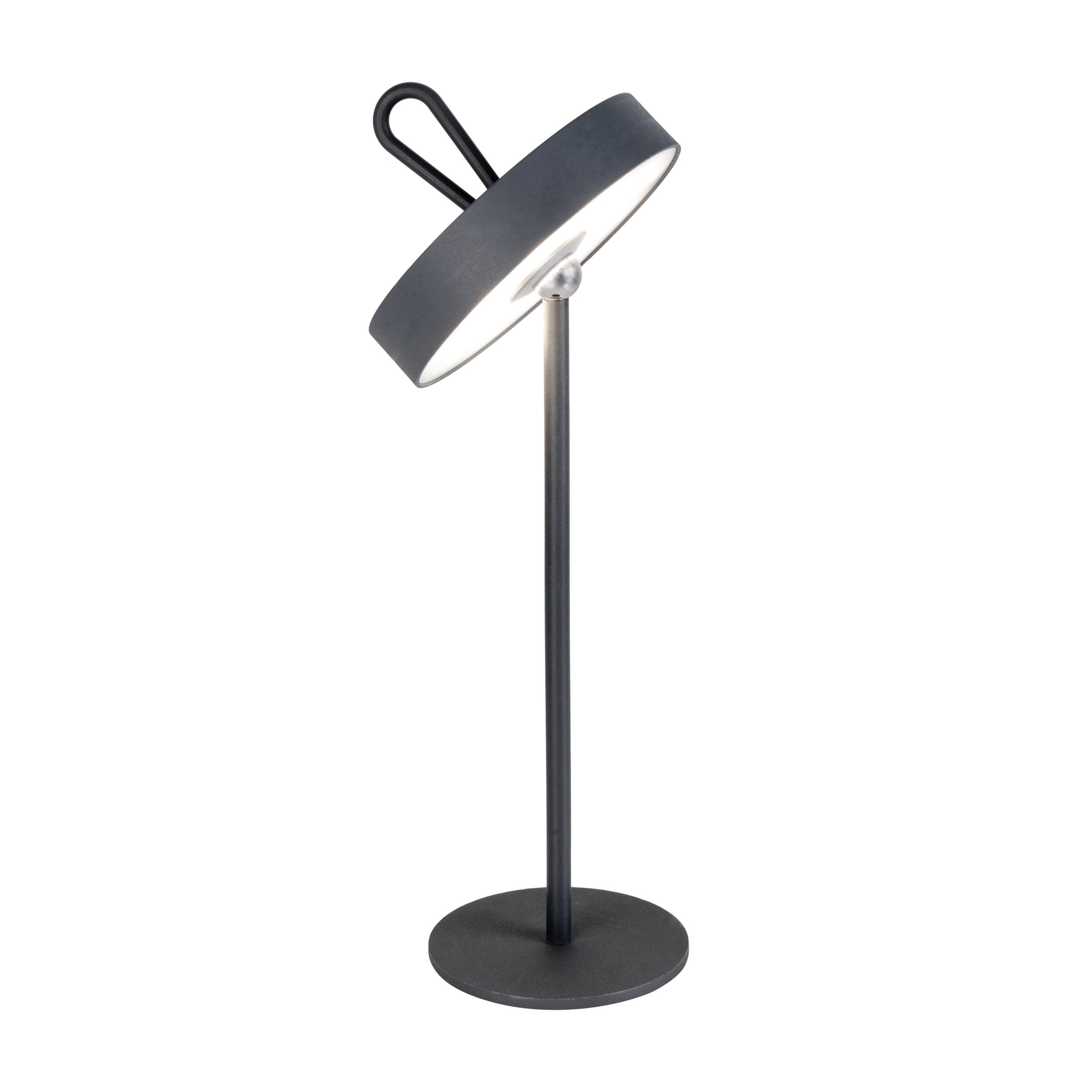 Eine schwarz-graue Schreibtischlampe mit kreisförmigem Oberteil, auf weißem Hintergrund.
