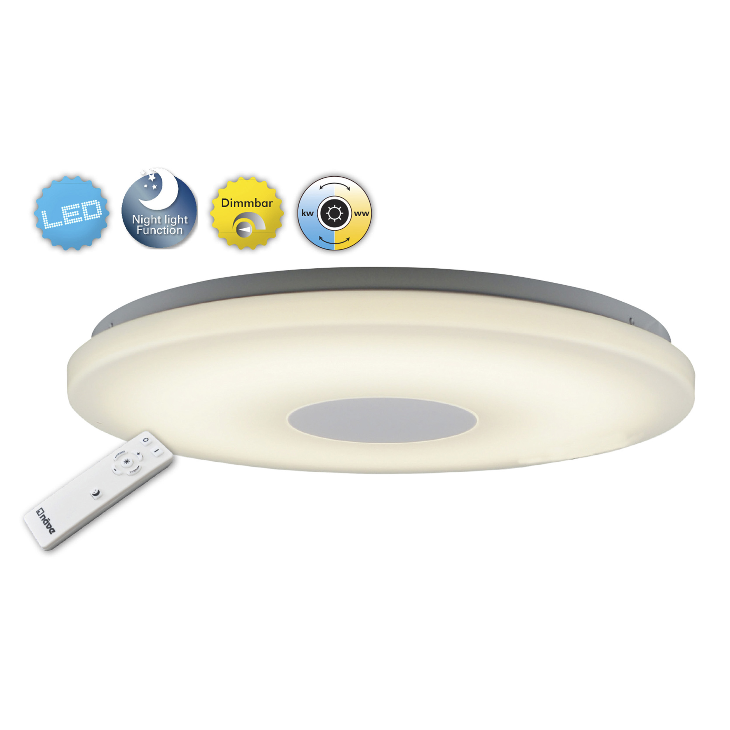 Weiße Deckenleuchte mit Fernbedienung. Enthält LED, Nachtlicht, dimmbar und Farbanpassungs-Icons.