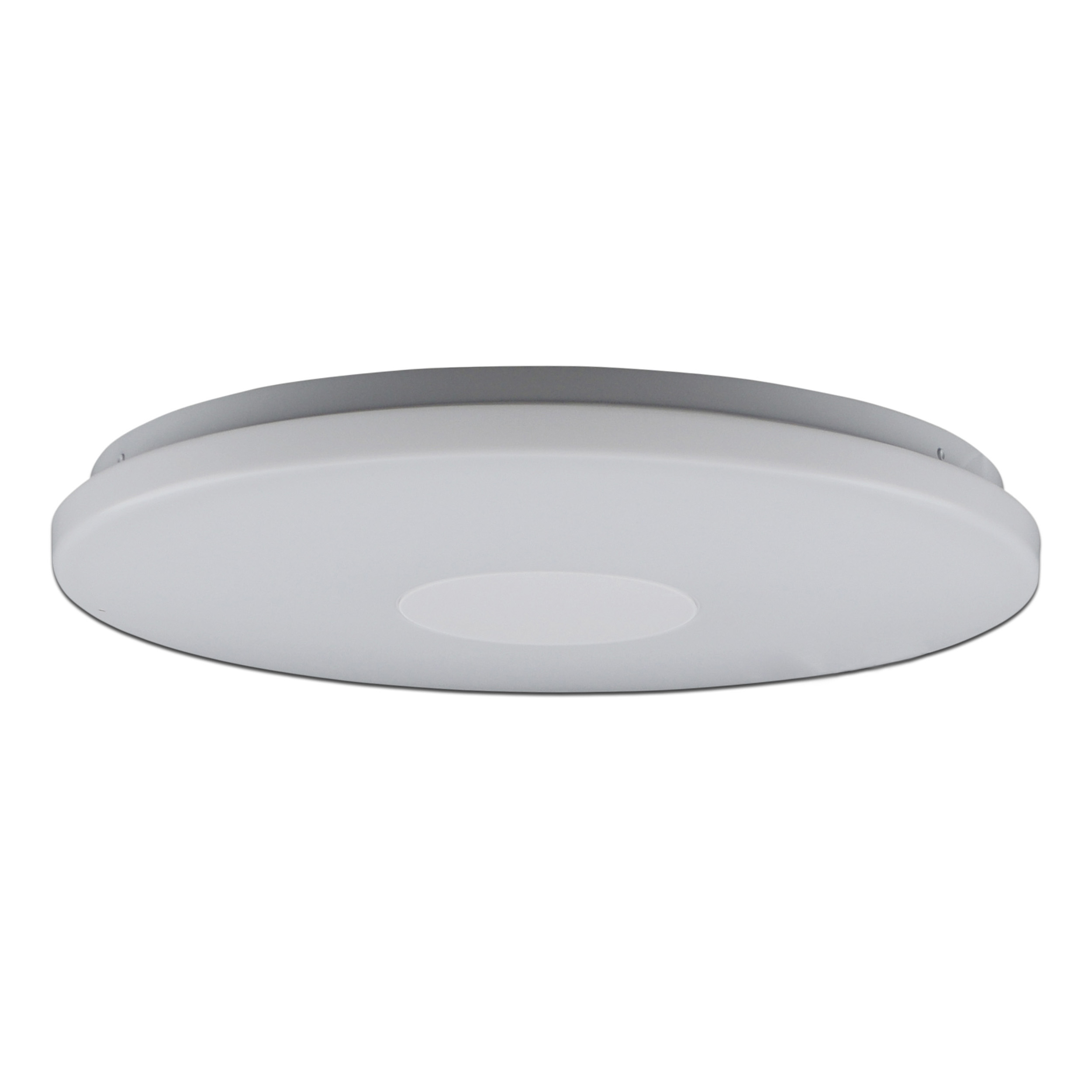 Eine weiße, kreisförmige Deckenleuchte mit einer leicht vertieften, oval geformten zentralen Lichtquelle, vor weißem Hintergrund.