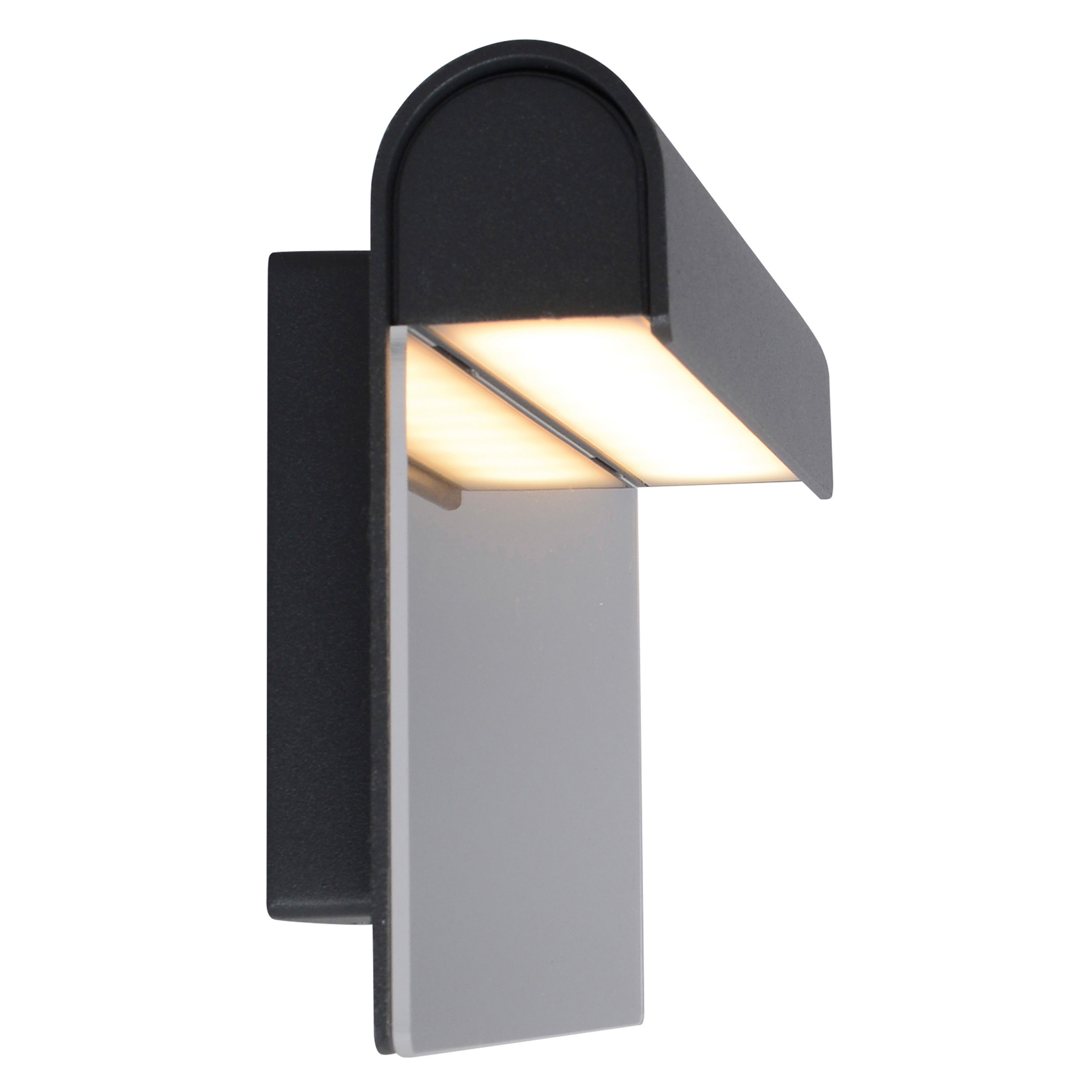 Eine schwarze und graue Außenwandleuchte. Sie hat eine rechteckige Form und eine Lichtquelle von unten.